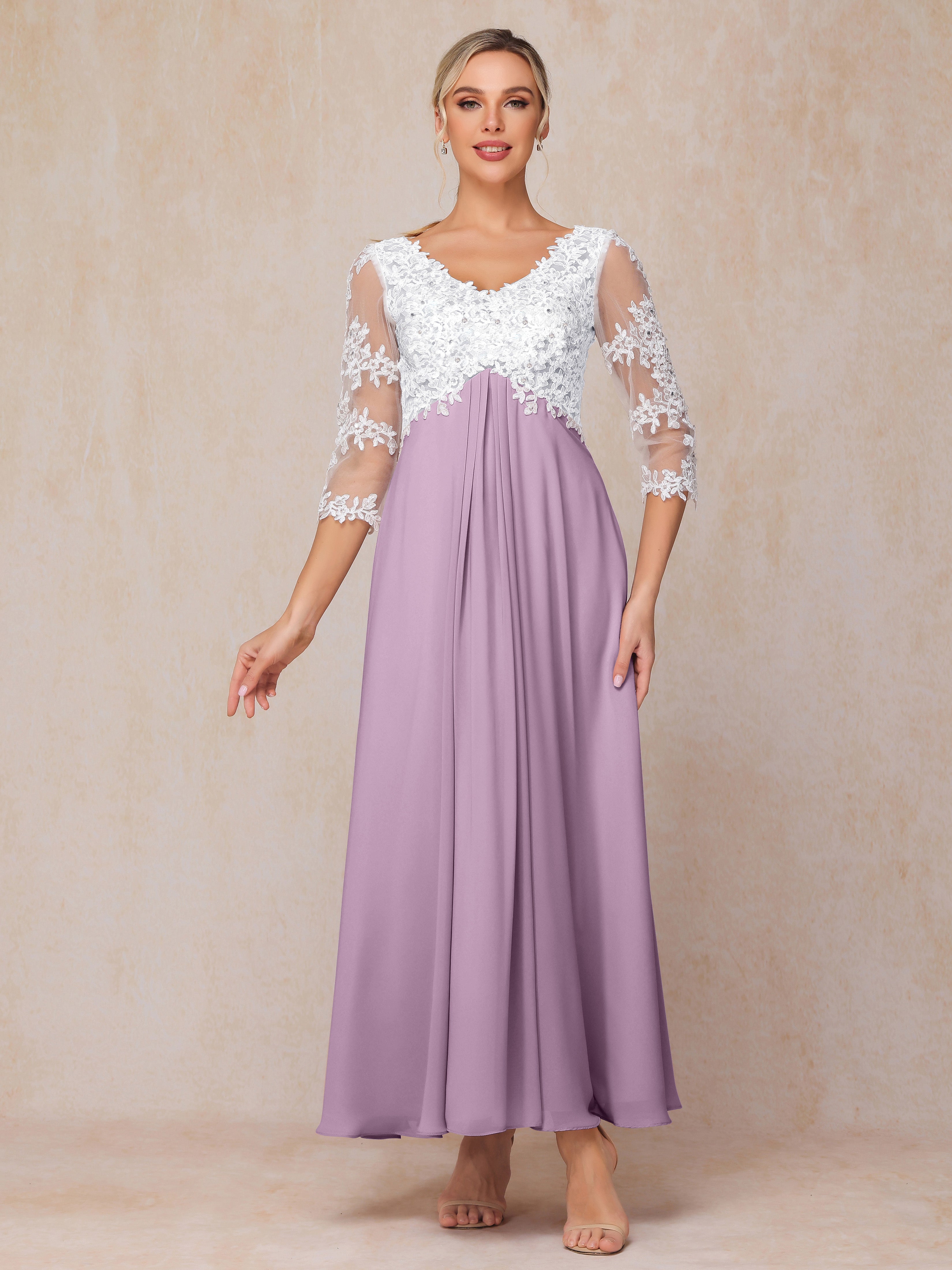 3/4 Sleeves A Line Ankle Length Chiffon Lace Wedding Guest Dresses