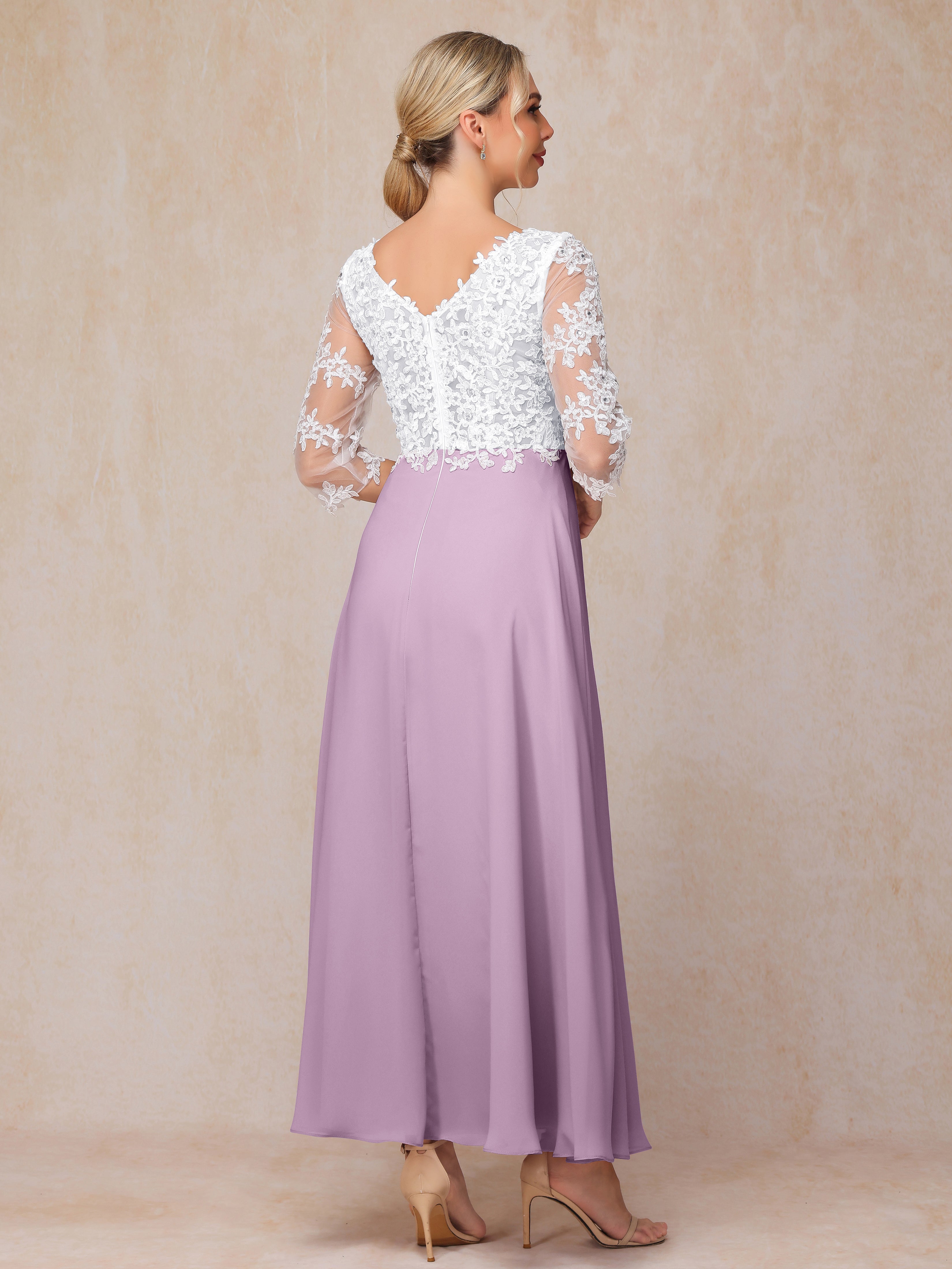 3/4 Sleeves A Line Ankle Length Chiffon Lace Wedding Guest Dresses