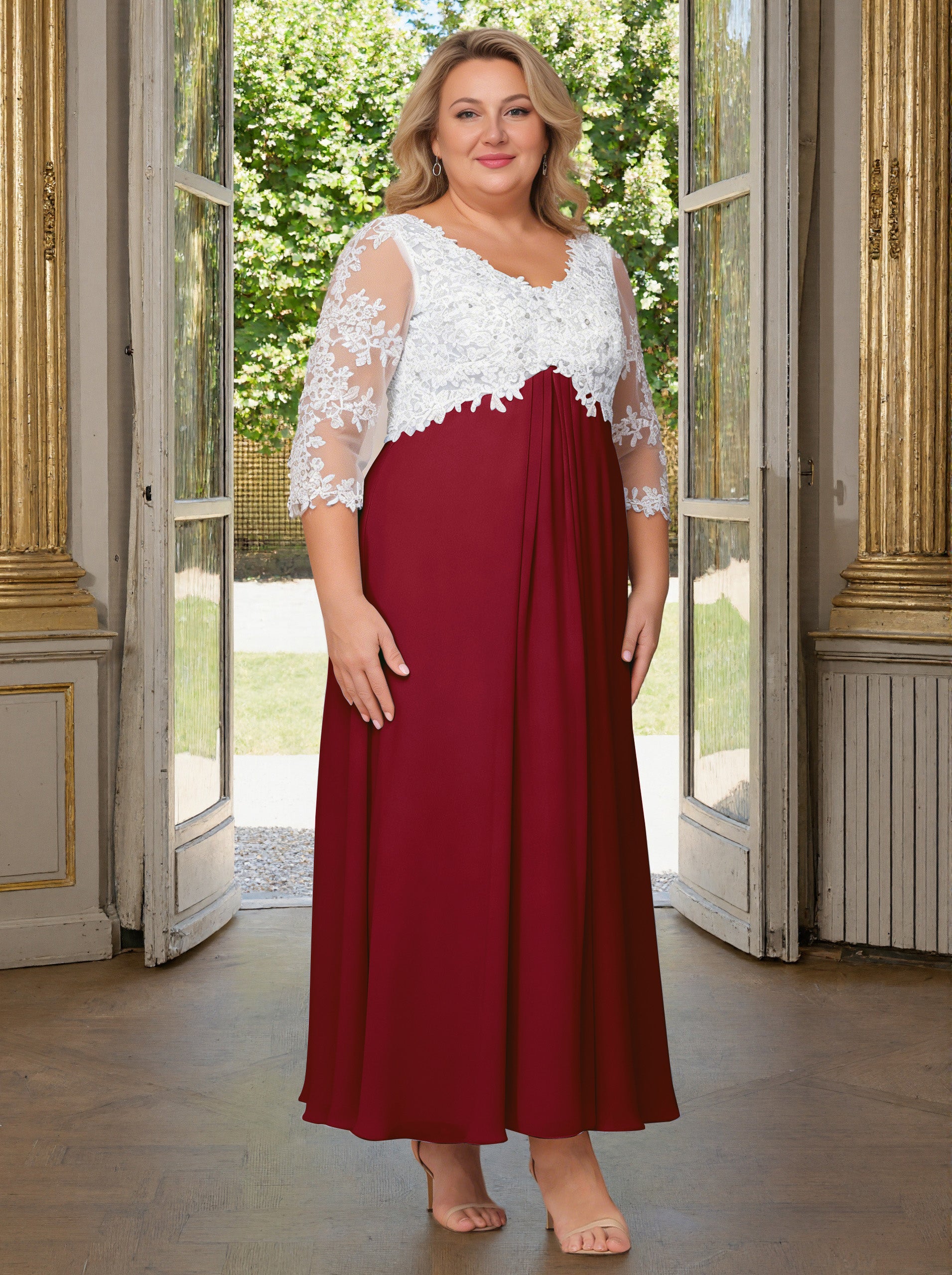 Cicinia Burgundy Mother Of The Bride Dress Plus Size Long V-neck Lace Chiffon Ankle Length 3/4 Length Sleeves