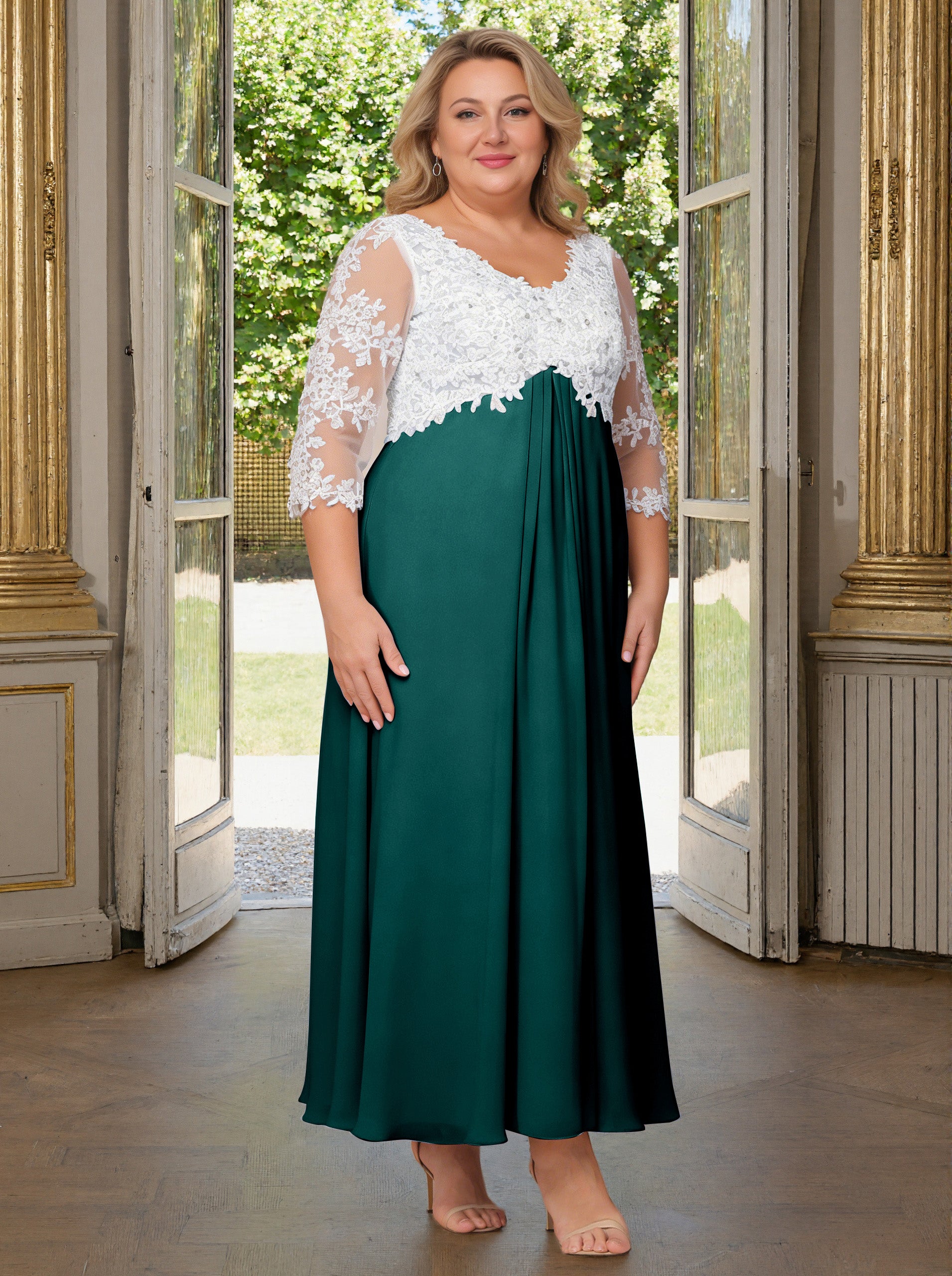 Cicinia Peacock Mother Of The Bride Dress Plus Size Long V-neck Lace Chiffon Ankle Length 3/4 Length Sleeves