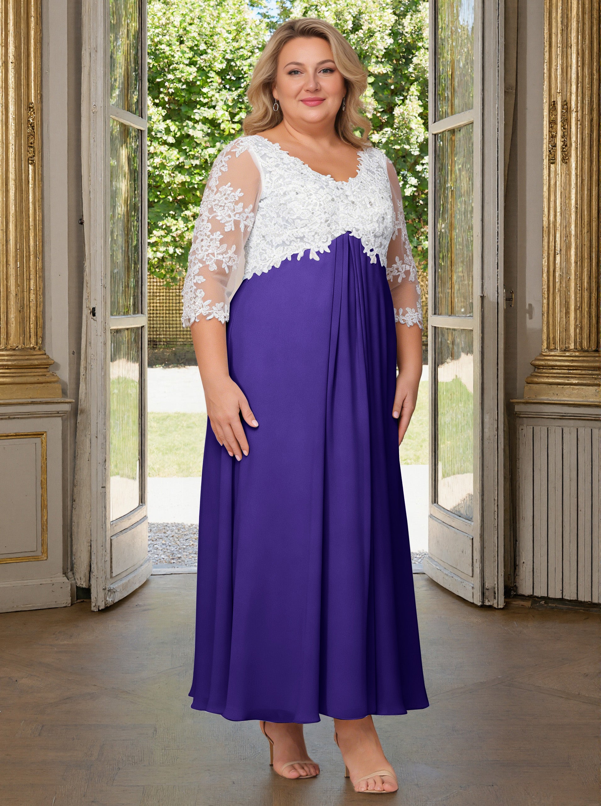 purple mother of the bride dresses plus size Cicinia Regency Mother Of The Bride Dress Plus Size Long V-neck Lace Chiffon Ankle Length 3/4 Length Sleeves