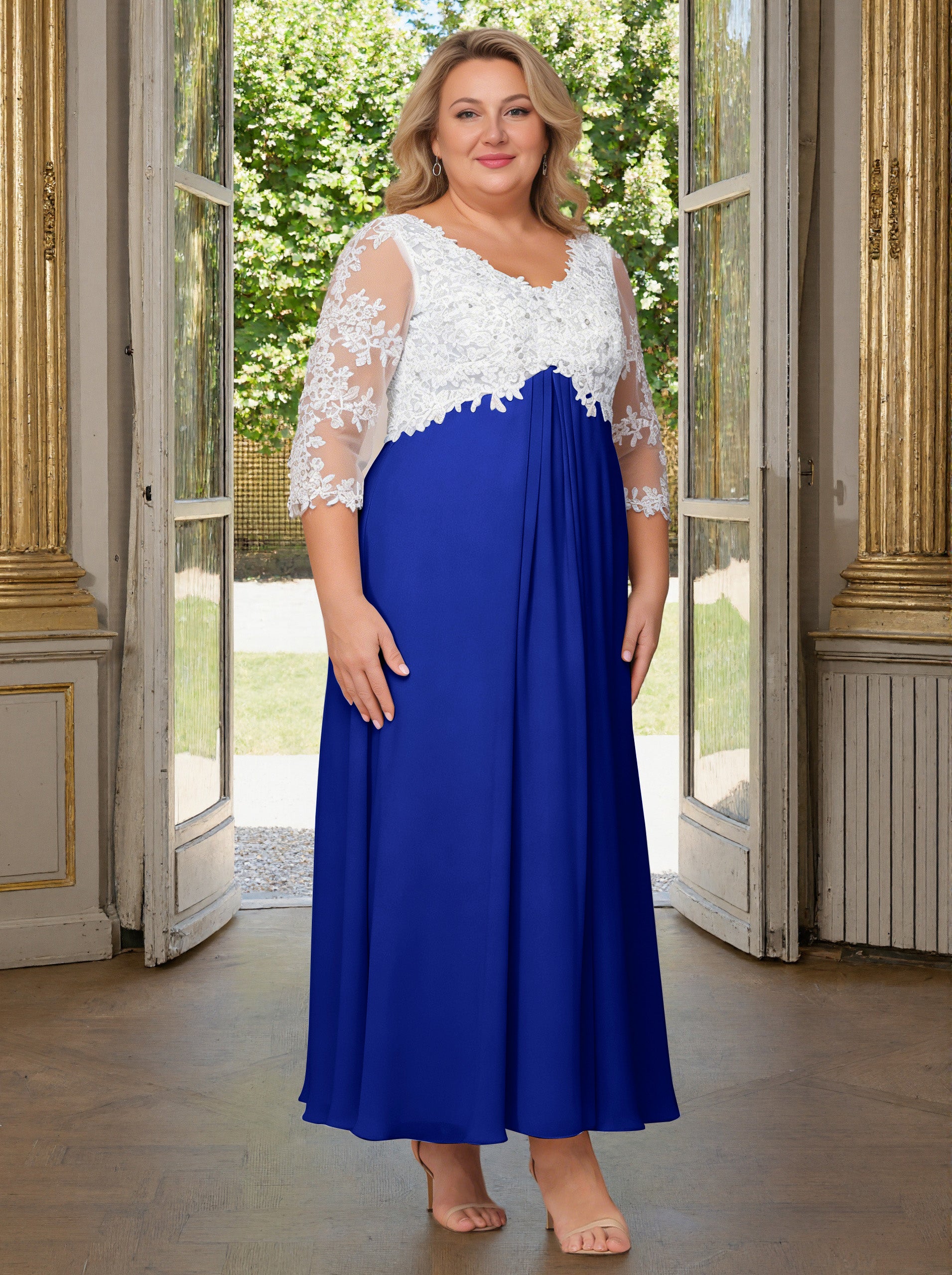 Cicinia Royal Blue Mother Of The Bride Dress Plus Size Long V-neck Lace Chiffon Ankle Length 3/4 Length Sleeves Cicinia Royal Blue Mother Of The Bride Dress Plus Size Long V-neck Lace Chiffon Ankle Length 3/4 Length Sleeves