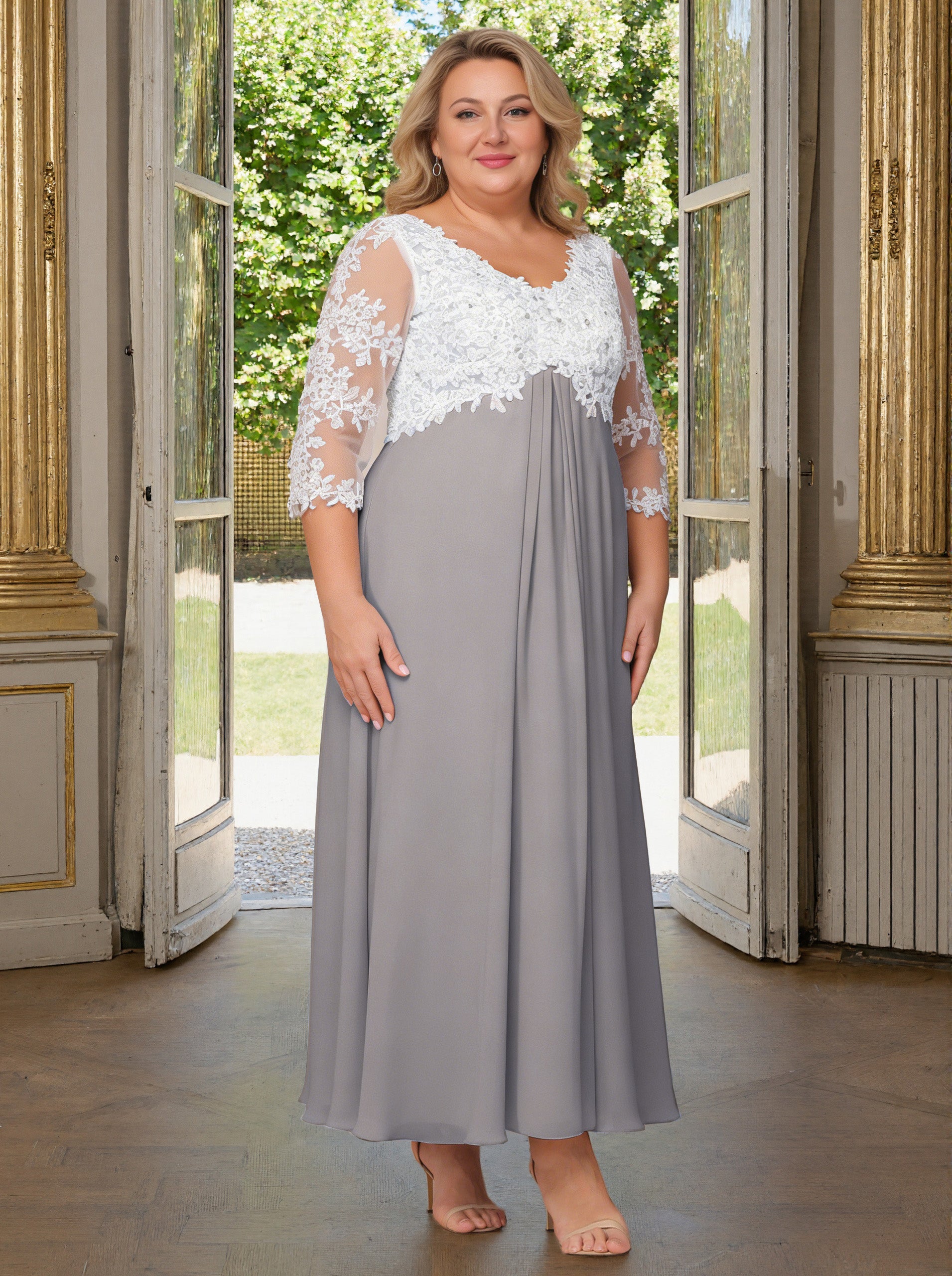 Cicinia Silver Mother Of The Bride Dress Plus Size Long V-neck Lace Chiffon Ankle Length 3/4 Length Sleeves Cicinia Silver Mother Of The Bride Dress Plus Size Long V-neck Lace Chiffon Ankle Length 3/4 Length Sleeves