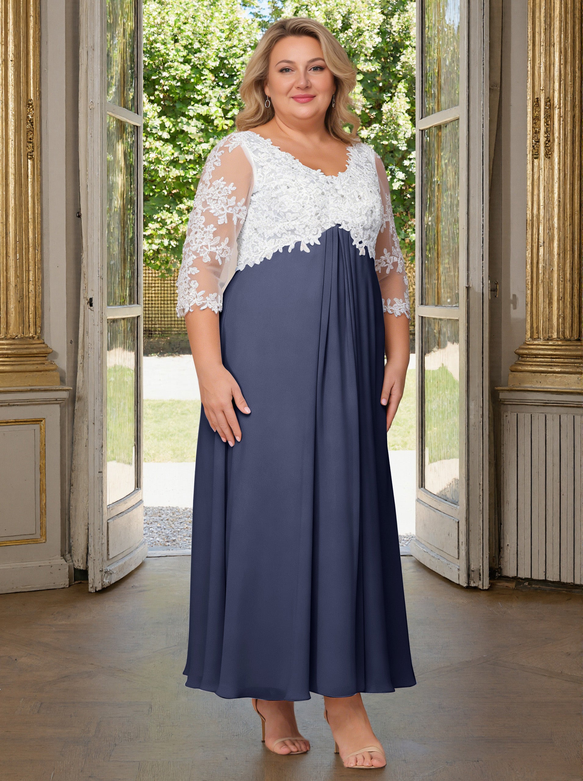 Cicinia Stormy Mother Of The Bride Dress Plus Size Long V-neck Lace Chiffon Ankle Length 3/4 Length Sleeves