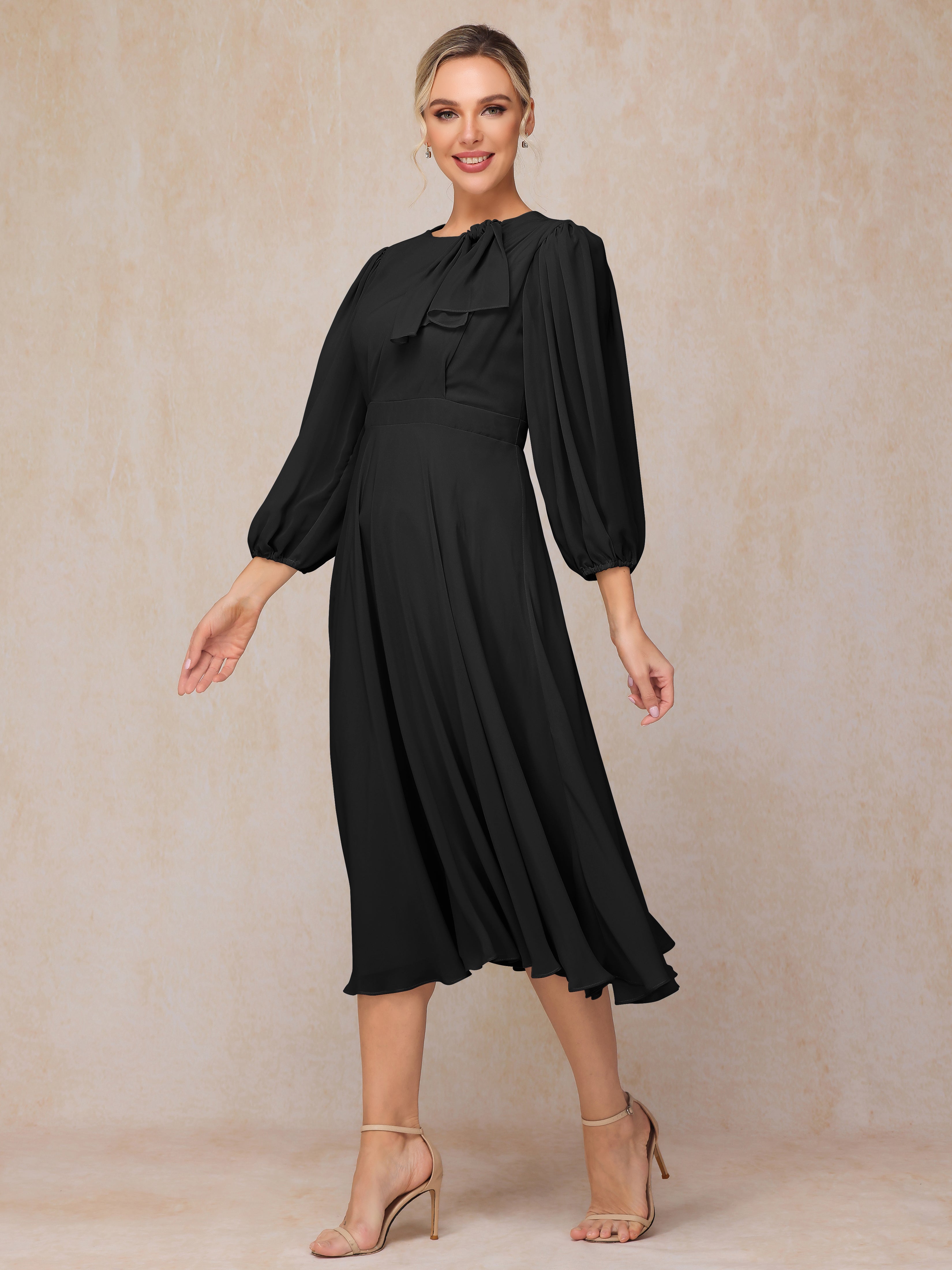 Long Sleeves A Line Tea Length Chiffon Mother Of The Groom Dress