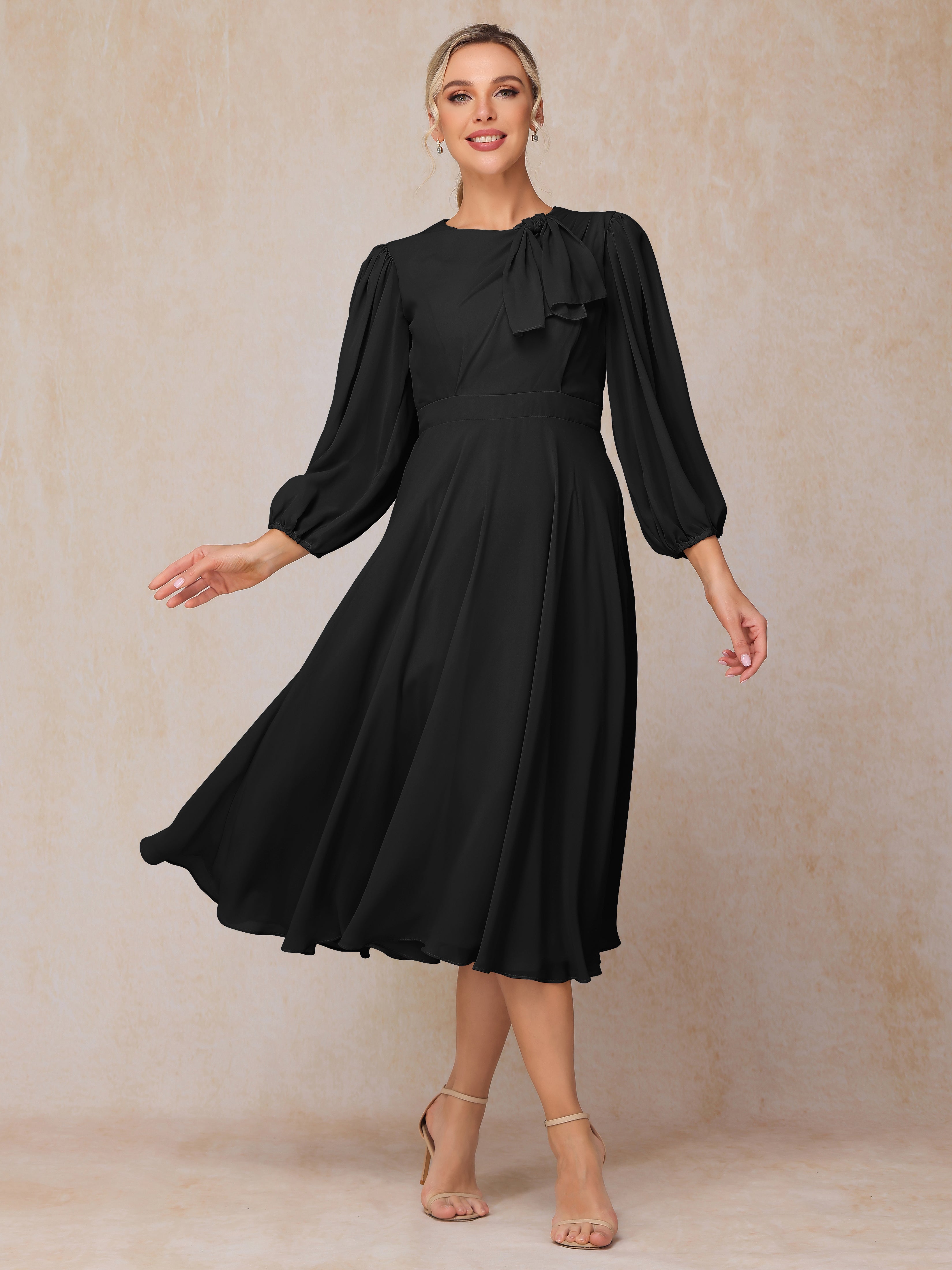 Long Sleeves A Line Tea Length Chiffon Wedding Guest Dresses