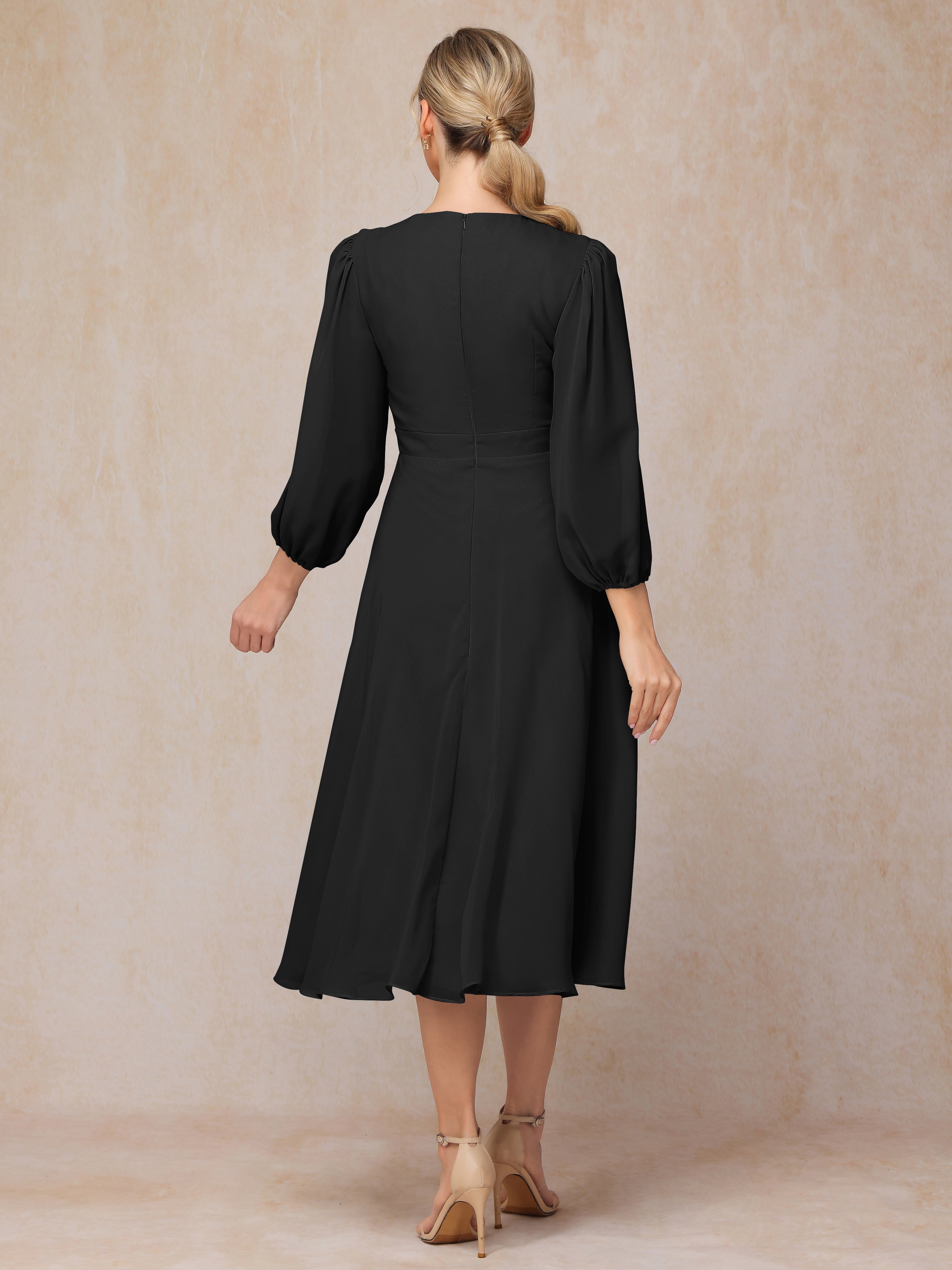 Long Sleeves A Line Tea Length Chiffon Wedding Guest Dresses