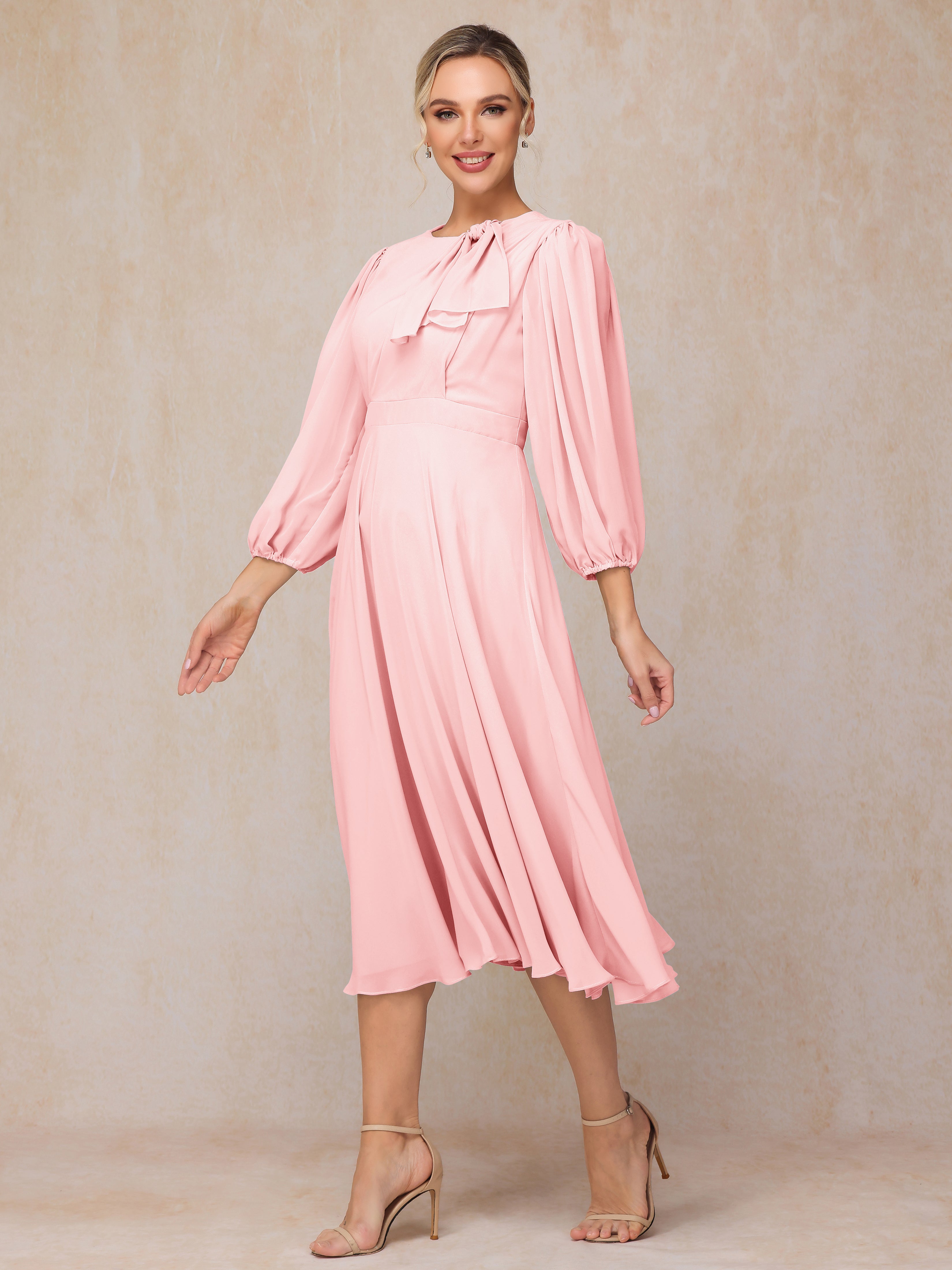 Long Sleeves A Line Tea Length Chiffon Wedding Guest Dresses