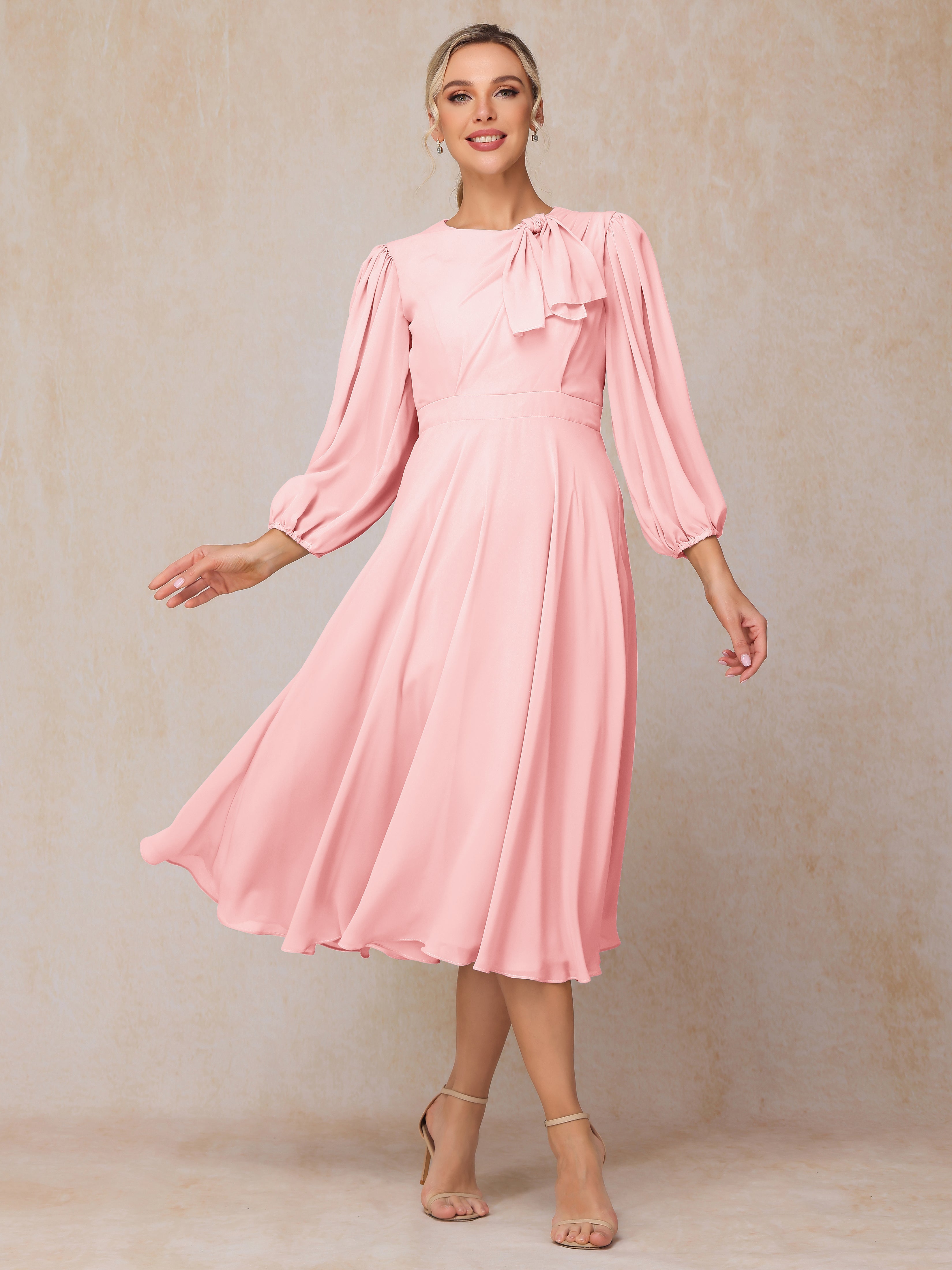 Long Sleeves A Line Tea Length Chiffon Wedding Guest Dresses