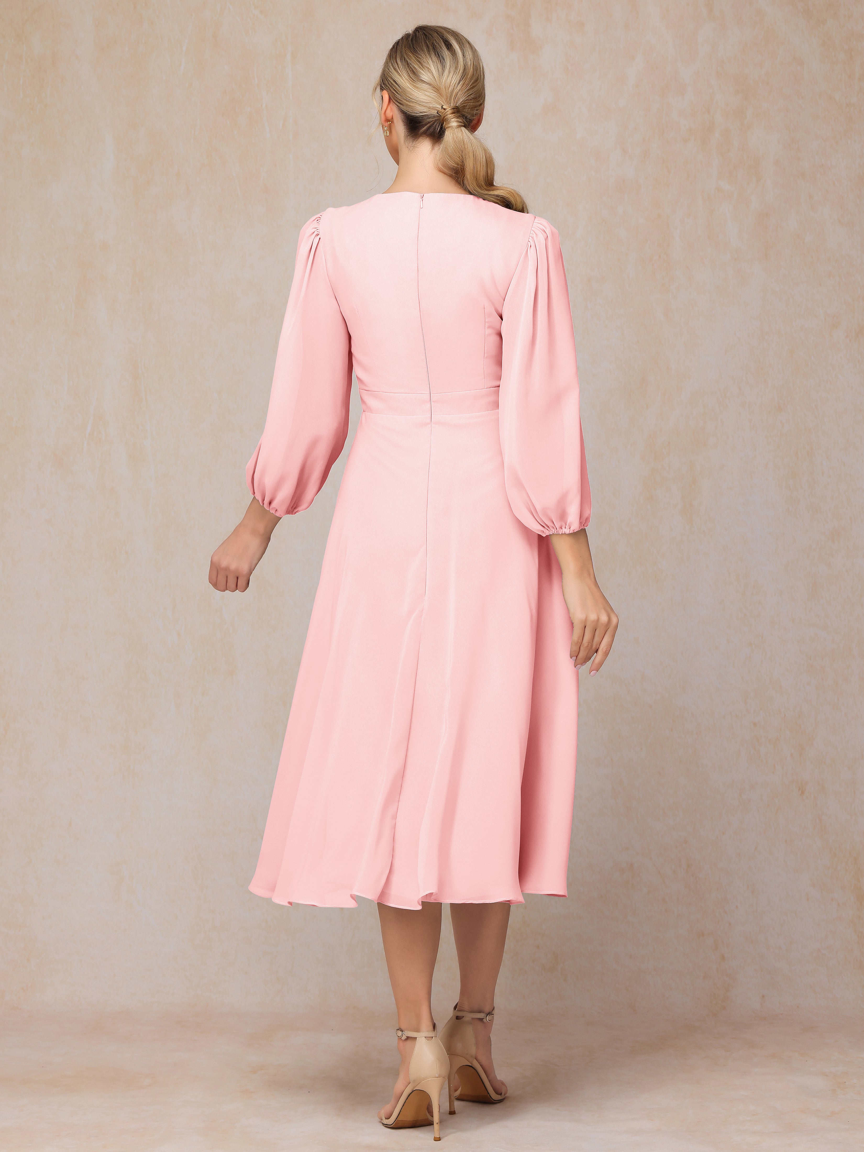 Long Sleeves A Line Tea Length Chiffon Wedding Guest Dresses