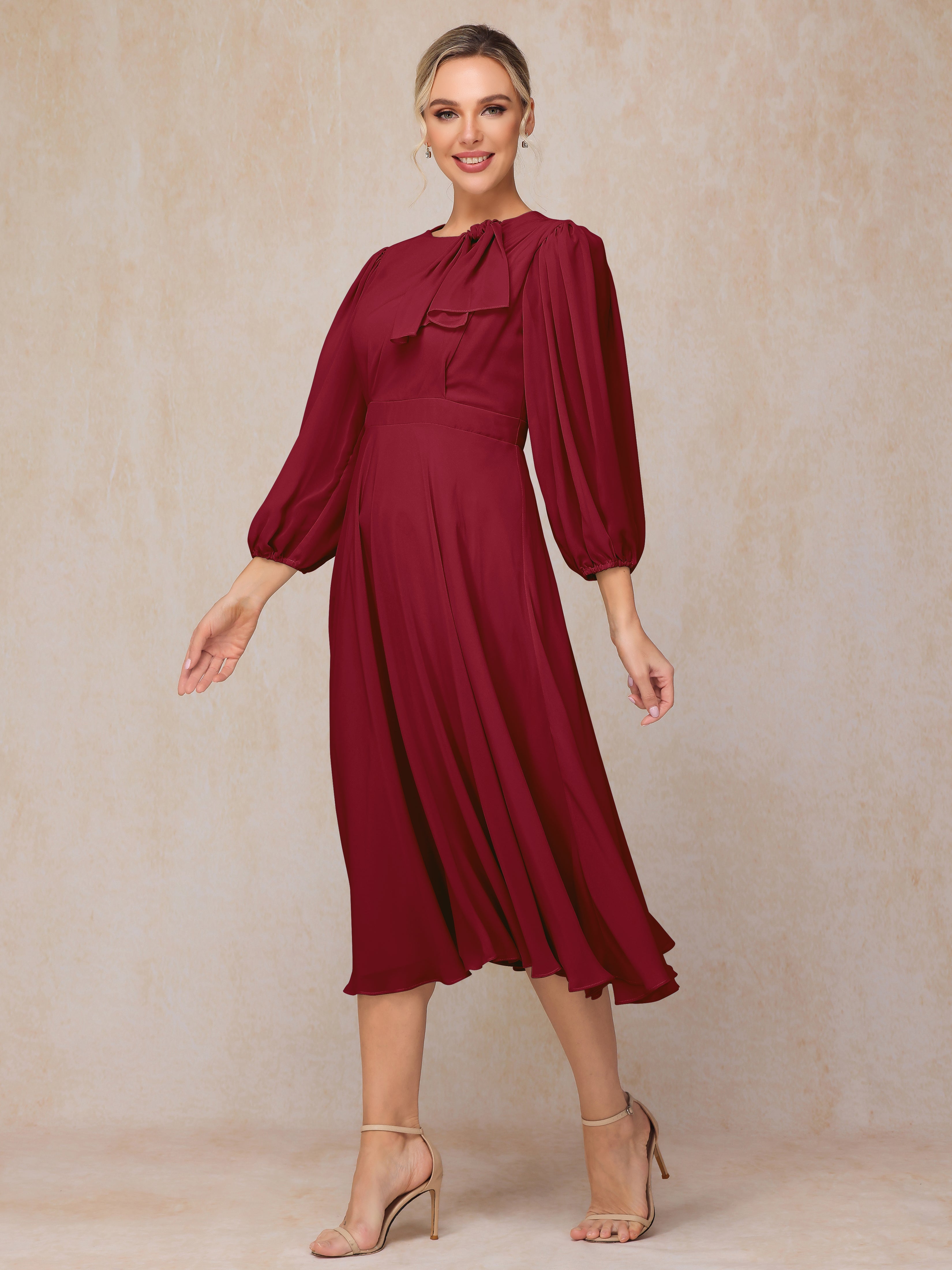 Long Sleeves A Line Tea Length Chiffon Wedding Guest Dresses