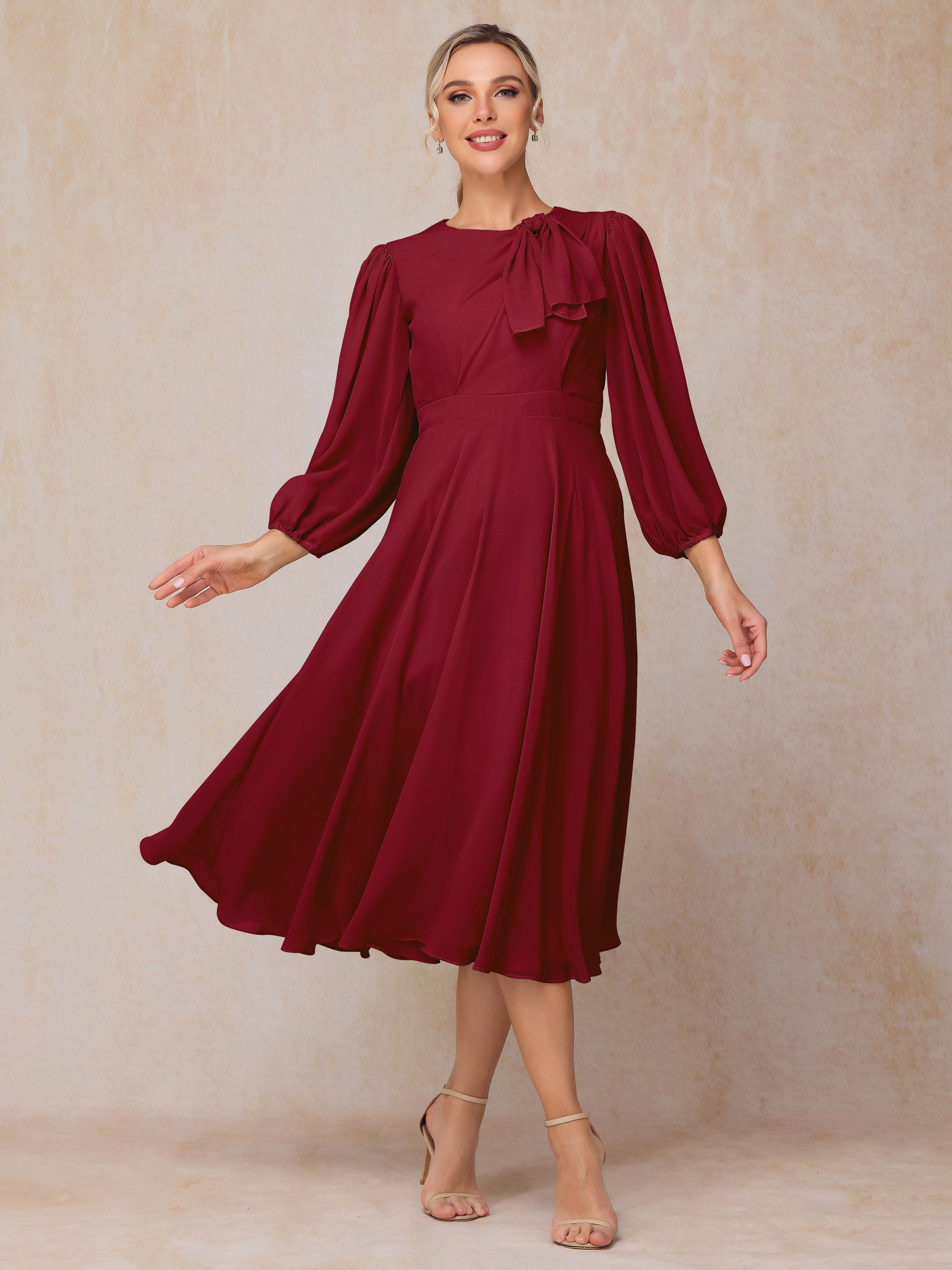 Long Sleeves A Line Tea Length Chiffon Wedding Guest Dresses