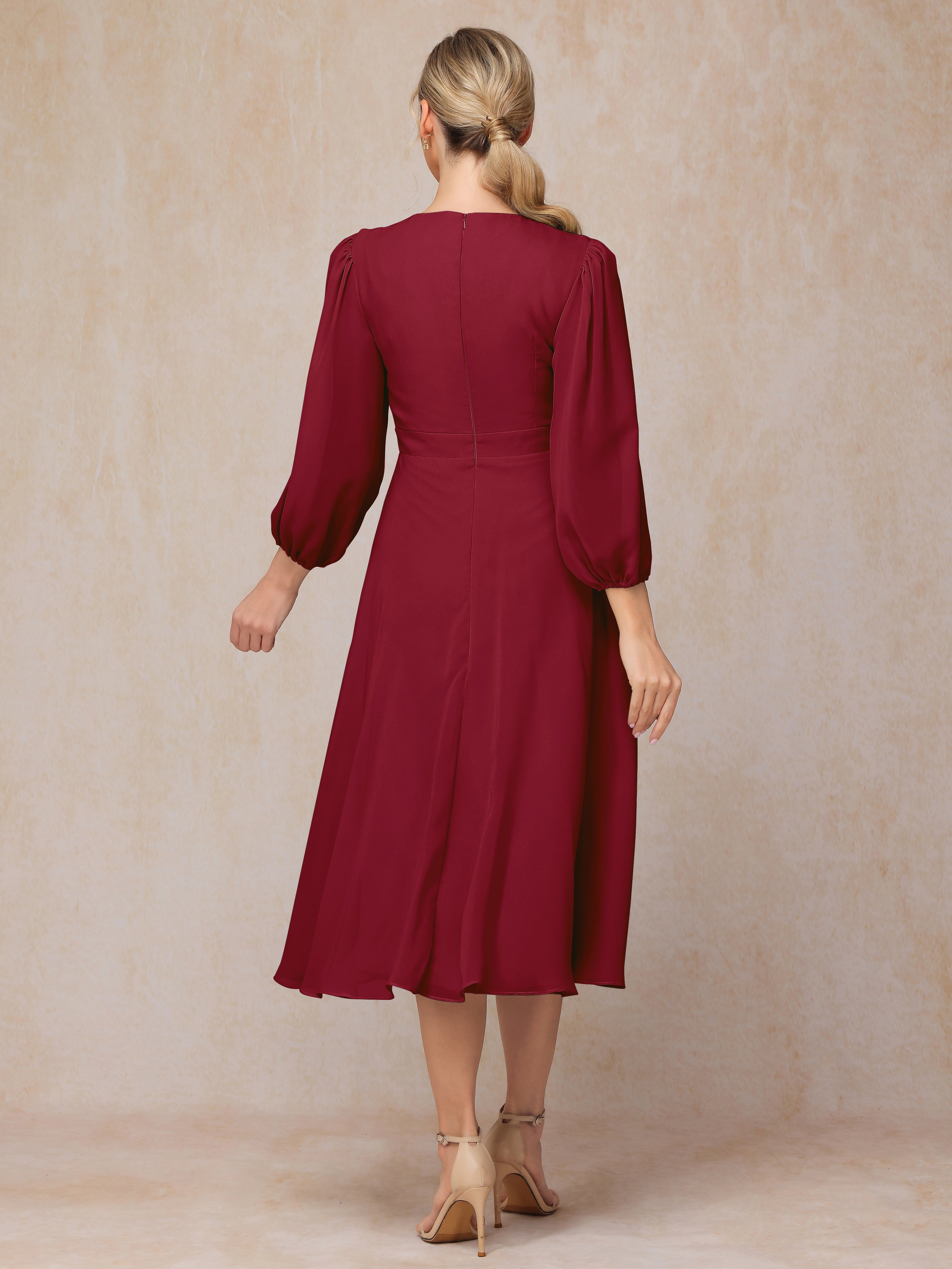 Long Sleeves A Line Tea Length Chiffon Wedding Guest Dresses