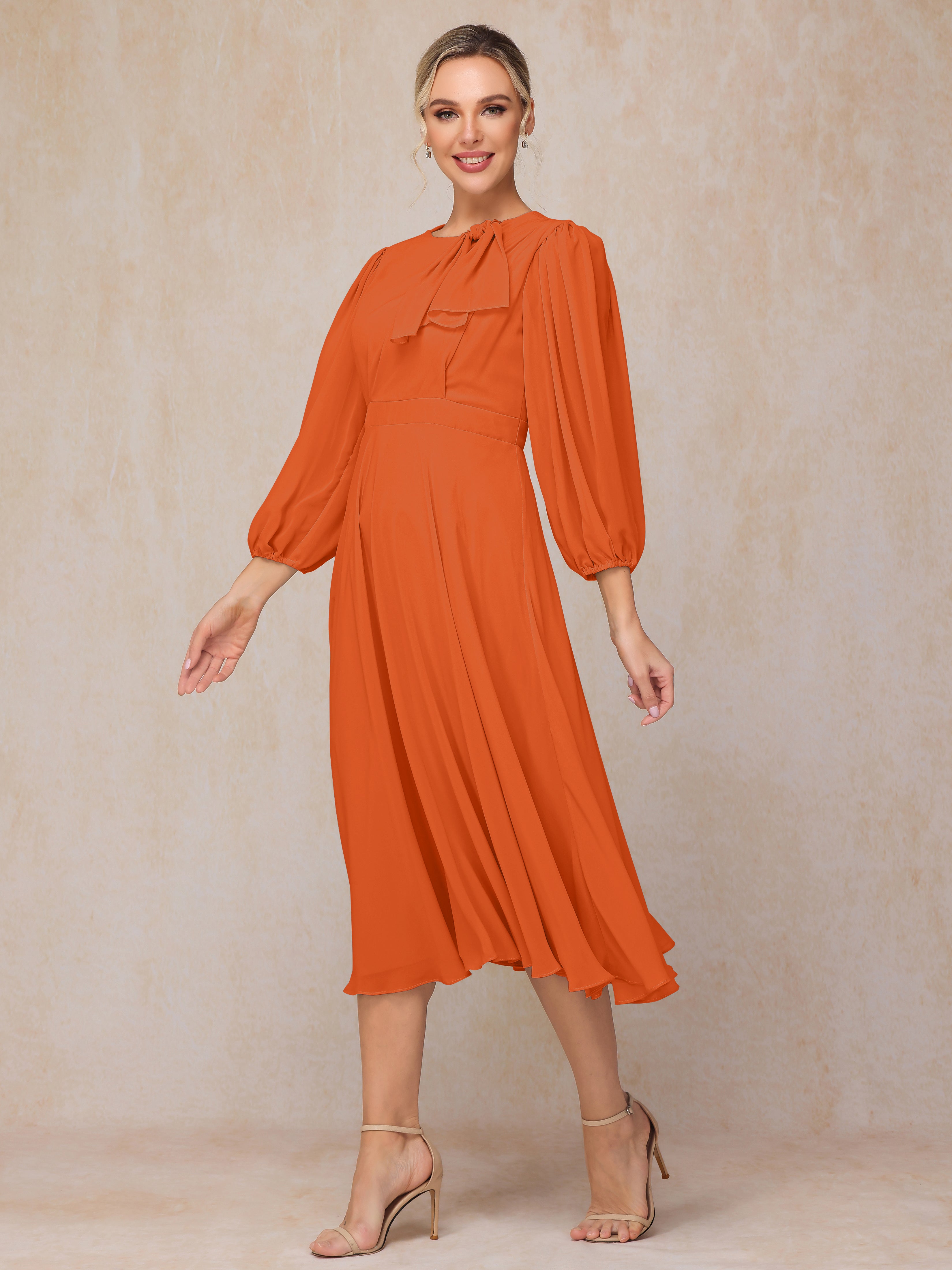 Long Sleeves A Line Tea Length Chiffon Wedding Guest Dresses