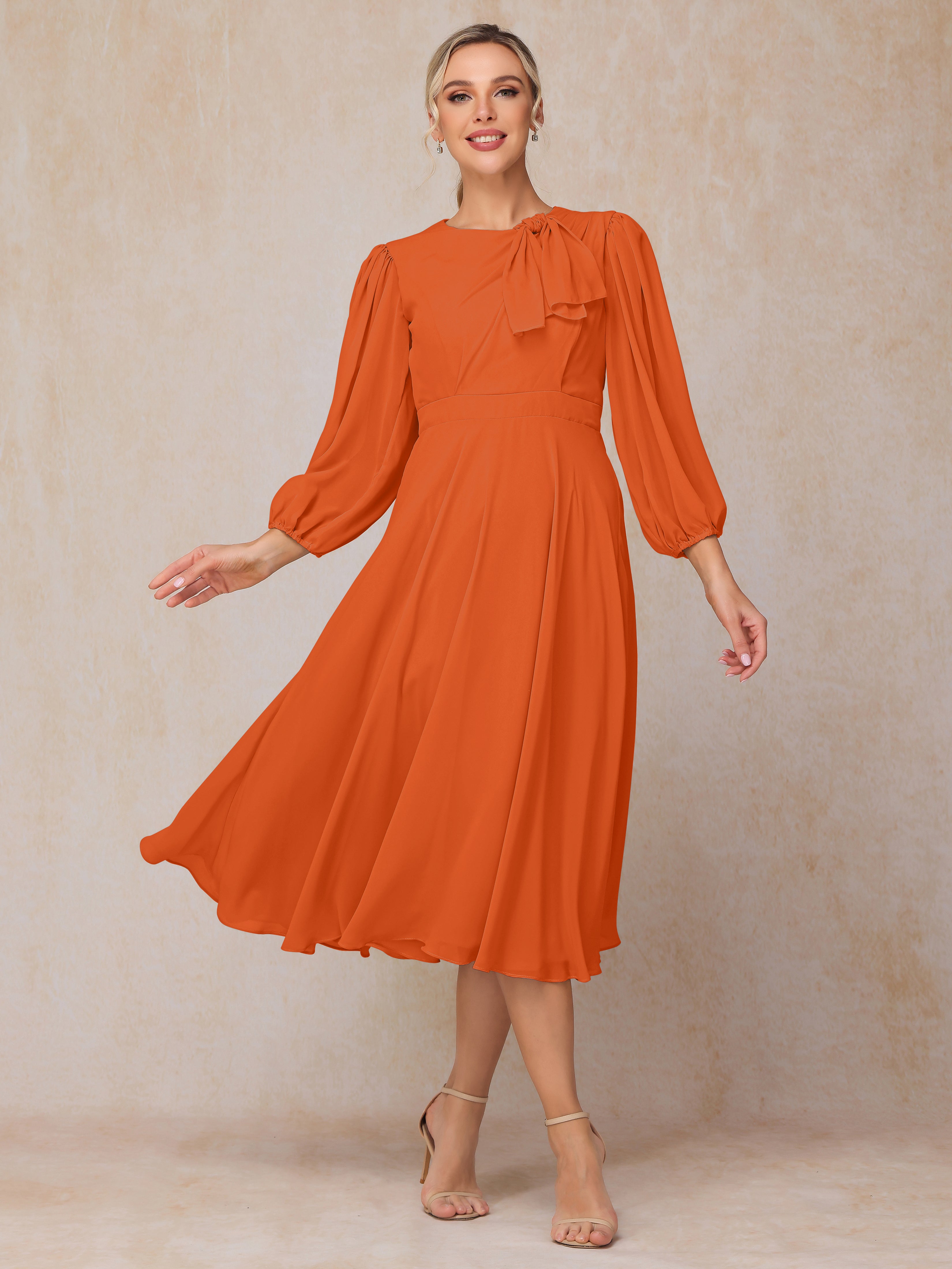 Long Sleeves A Line Tea Length Chiffon Wedding Guest Dresses
