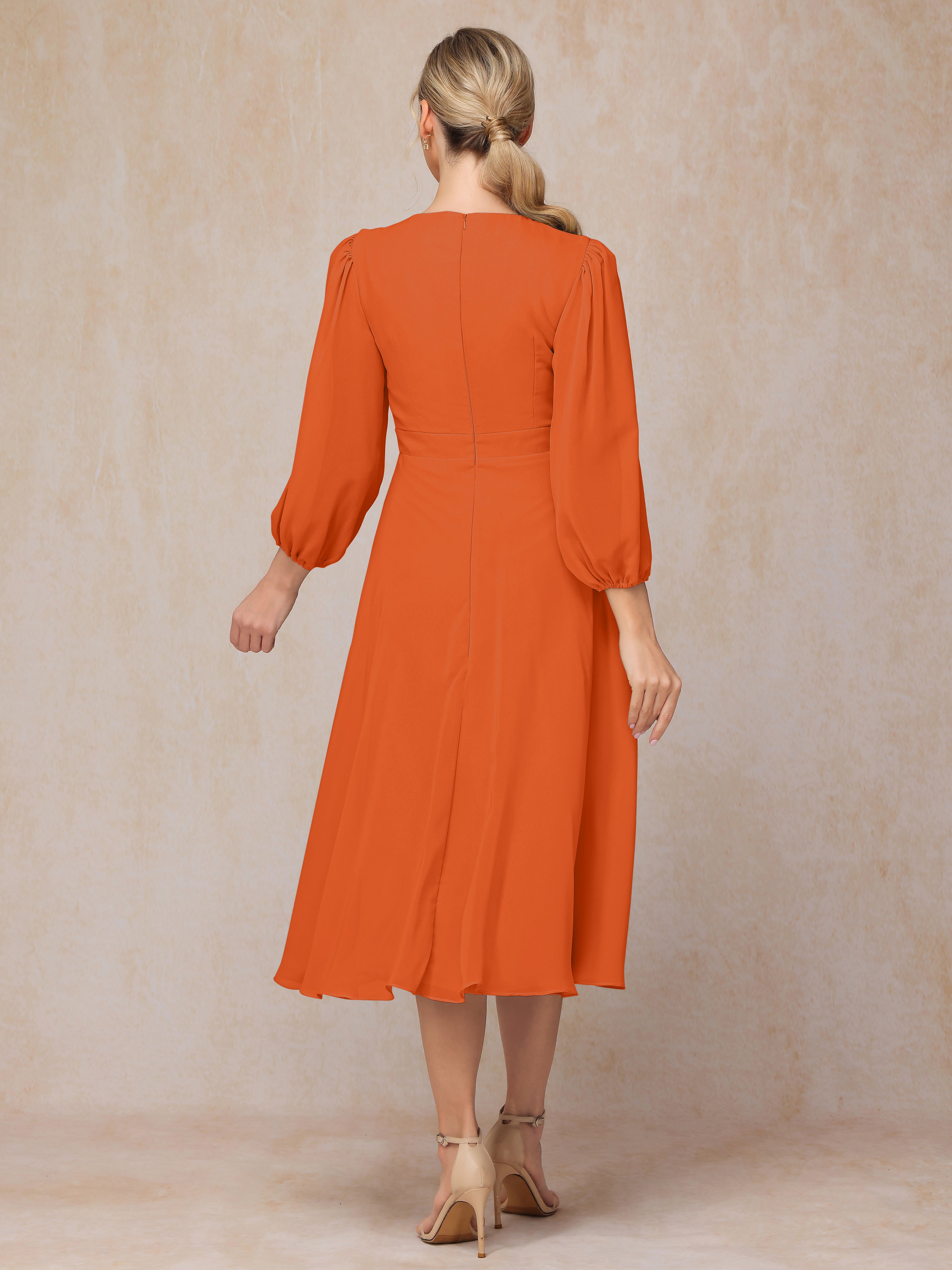 Long Sleeves A Line Tea Length Chiffon Wedding Guest Dresses