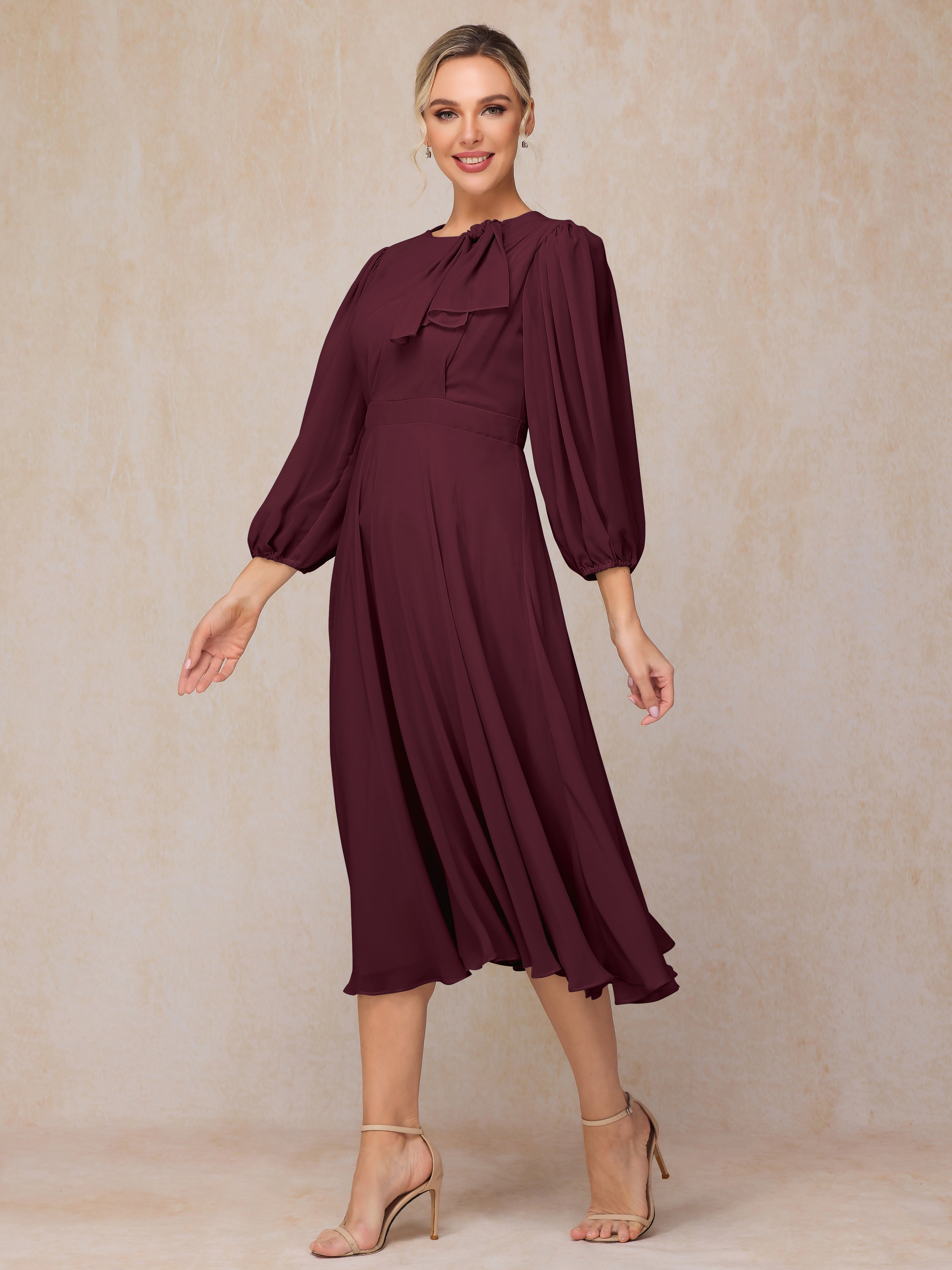 Long Sleeves A Line Tea Length Chiffon Wedding Guest Dresses