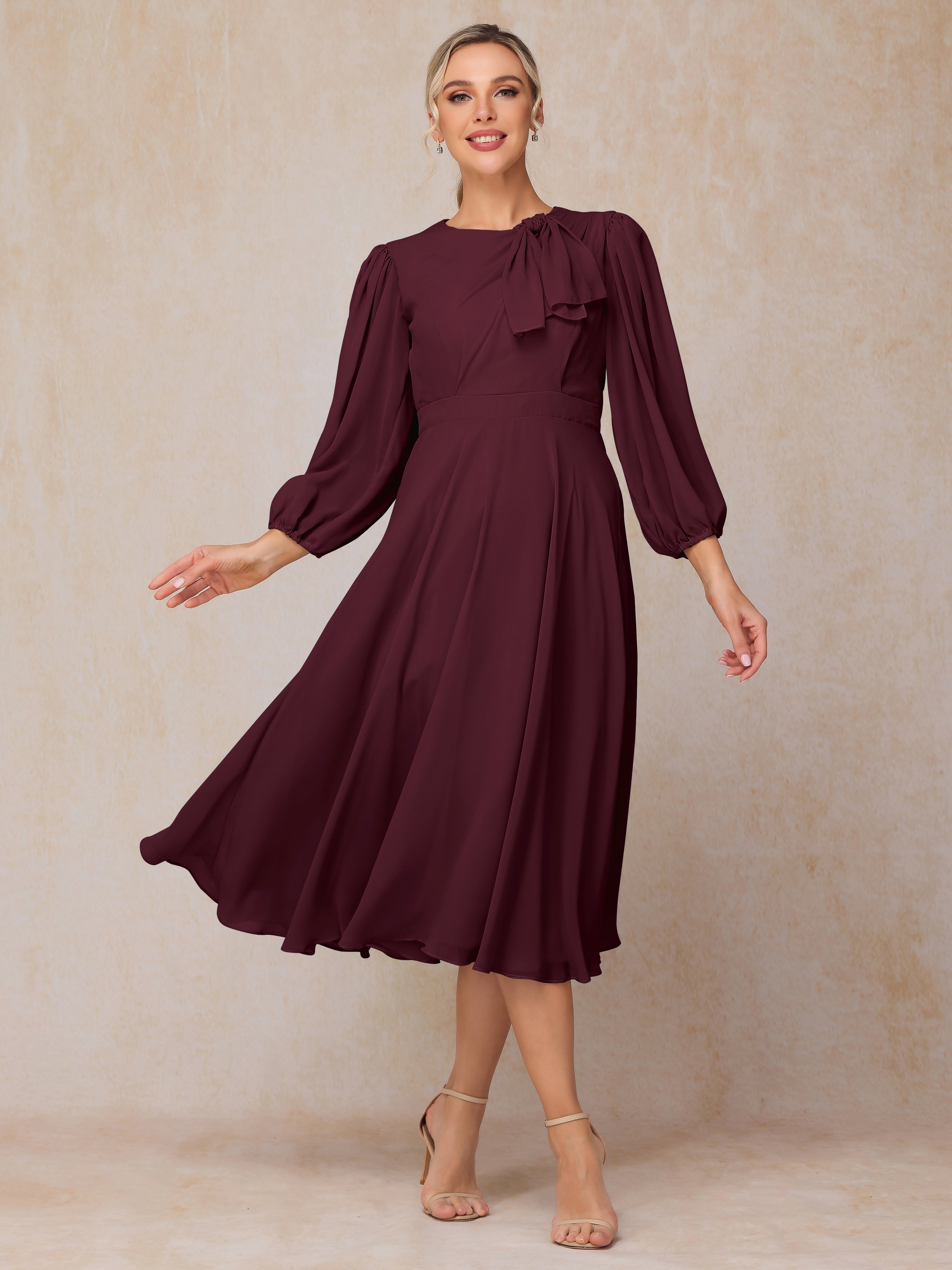 Long Sleeves A Line Tea Length Chiffon Wedding Guest Dresses