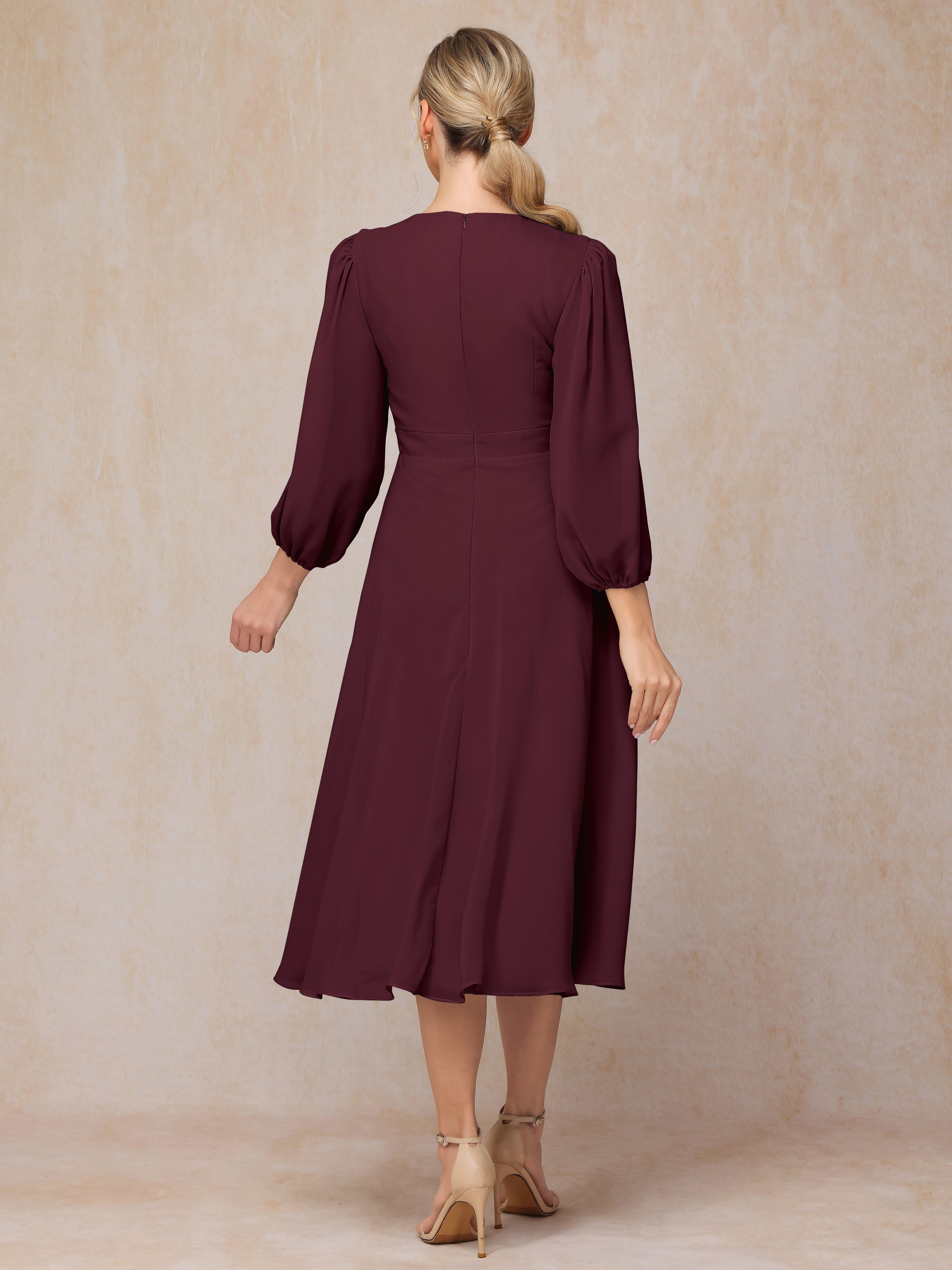 Long Sleeves A Line Tea Length Chiffon Wedding Guest Dresses