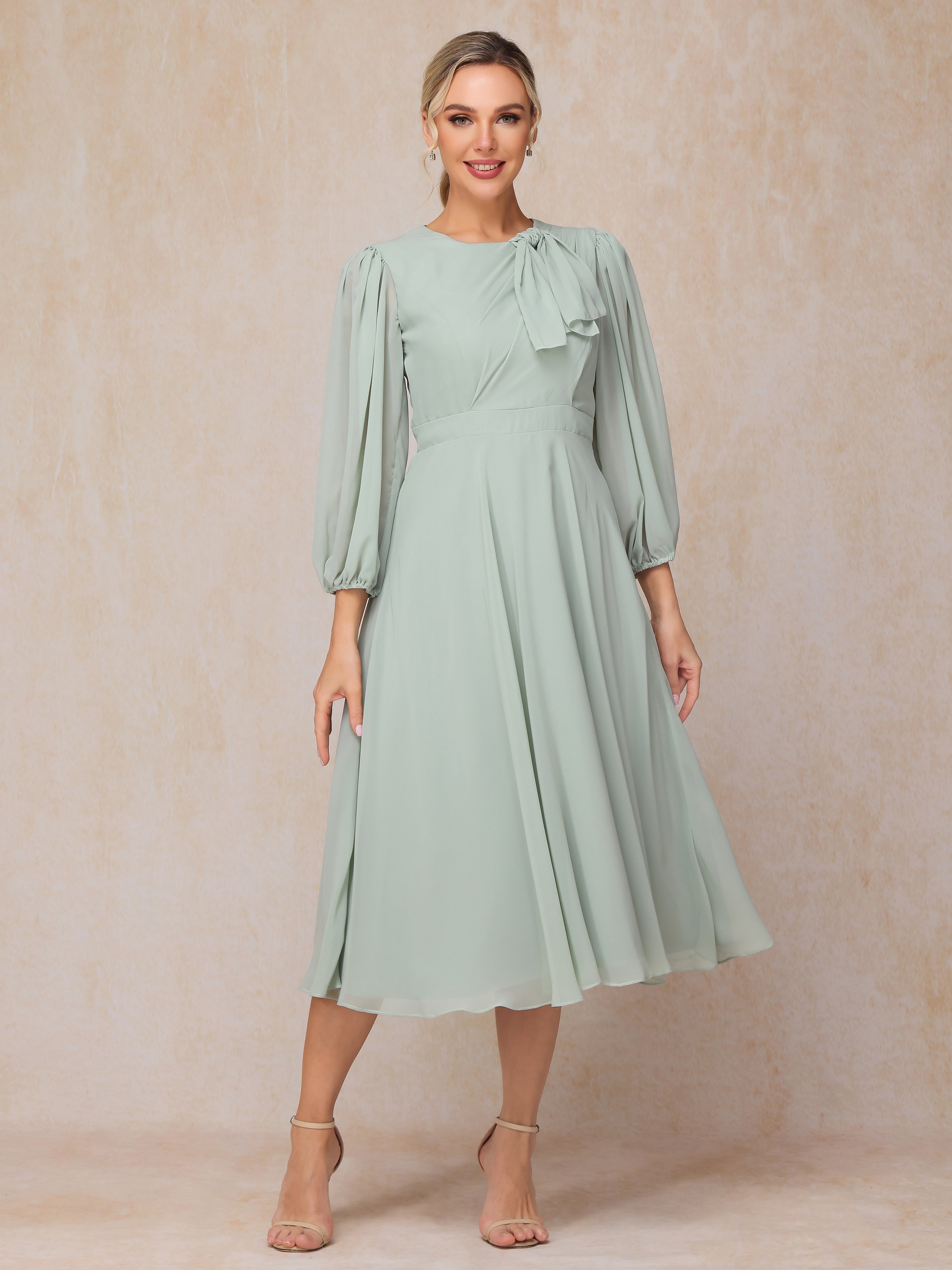 Long Sleeves A Line Tea Length Chiffon Wedding Guest Dresses