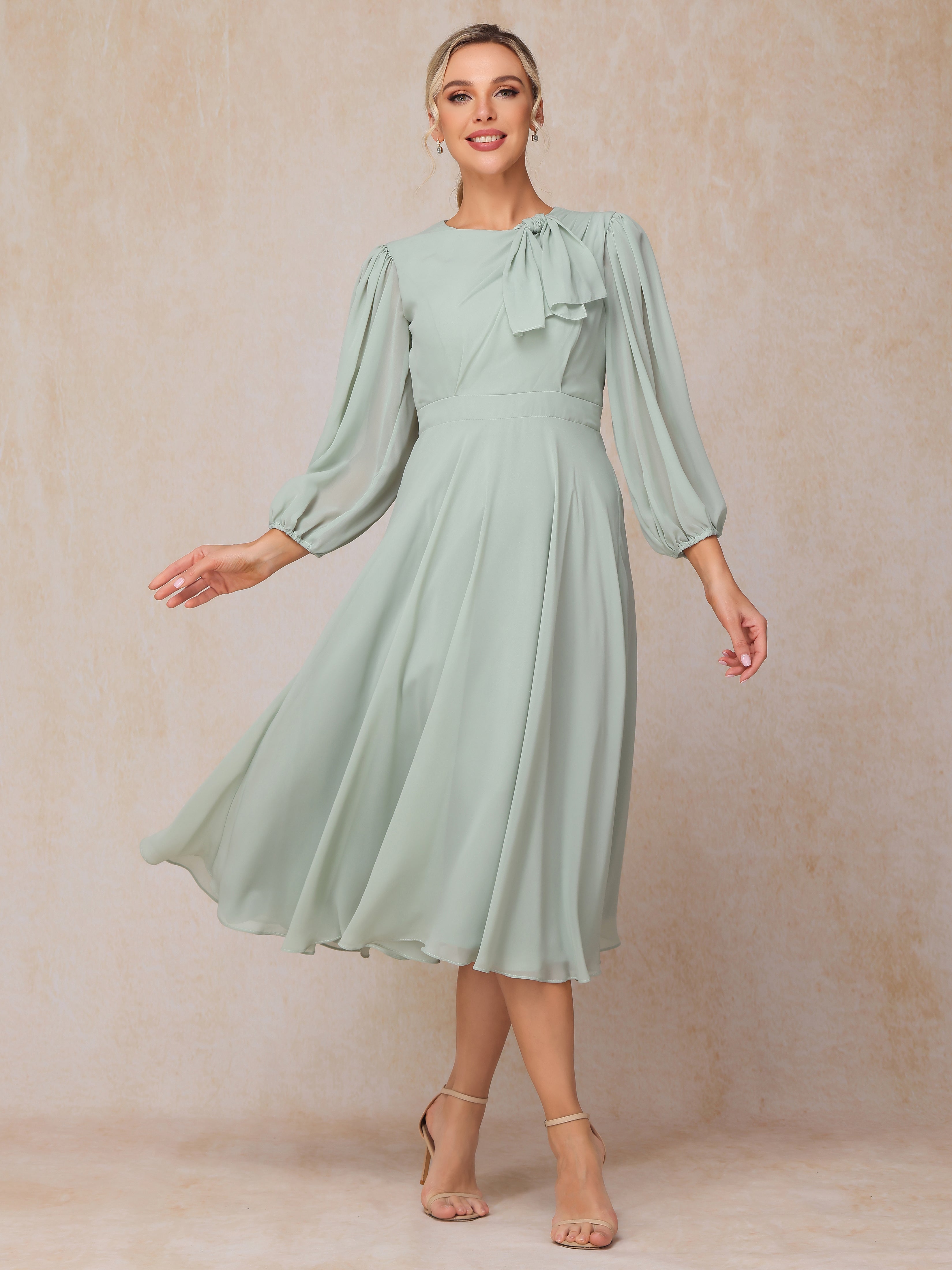 Long Sleeves A Line Tea Length Chiffon Wedding Guest Dresses
