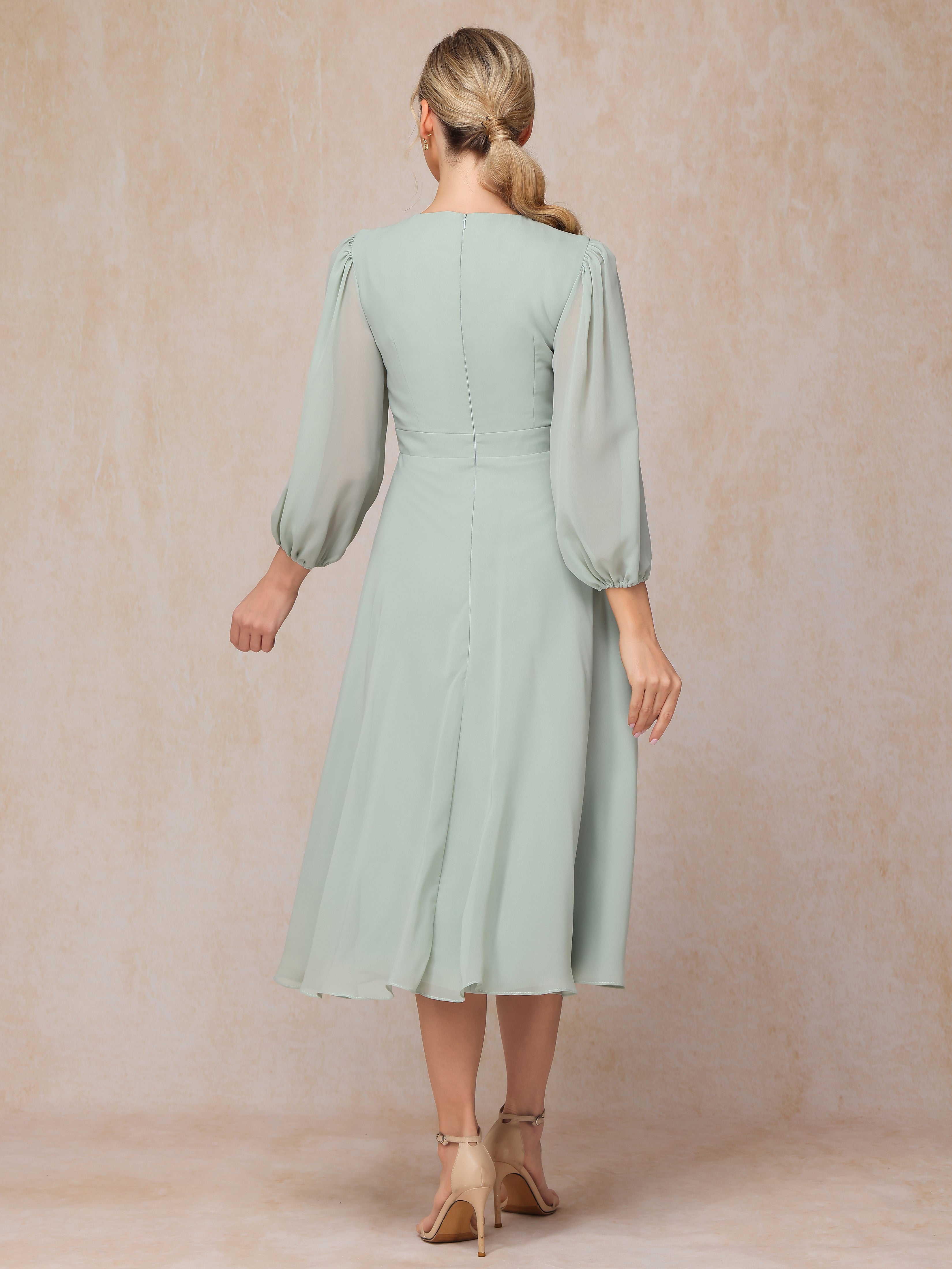 Long Sleeves A Line Tea Length Chiffon Wedding Guest Dresses