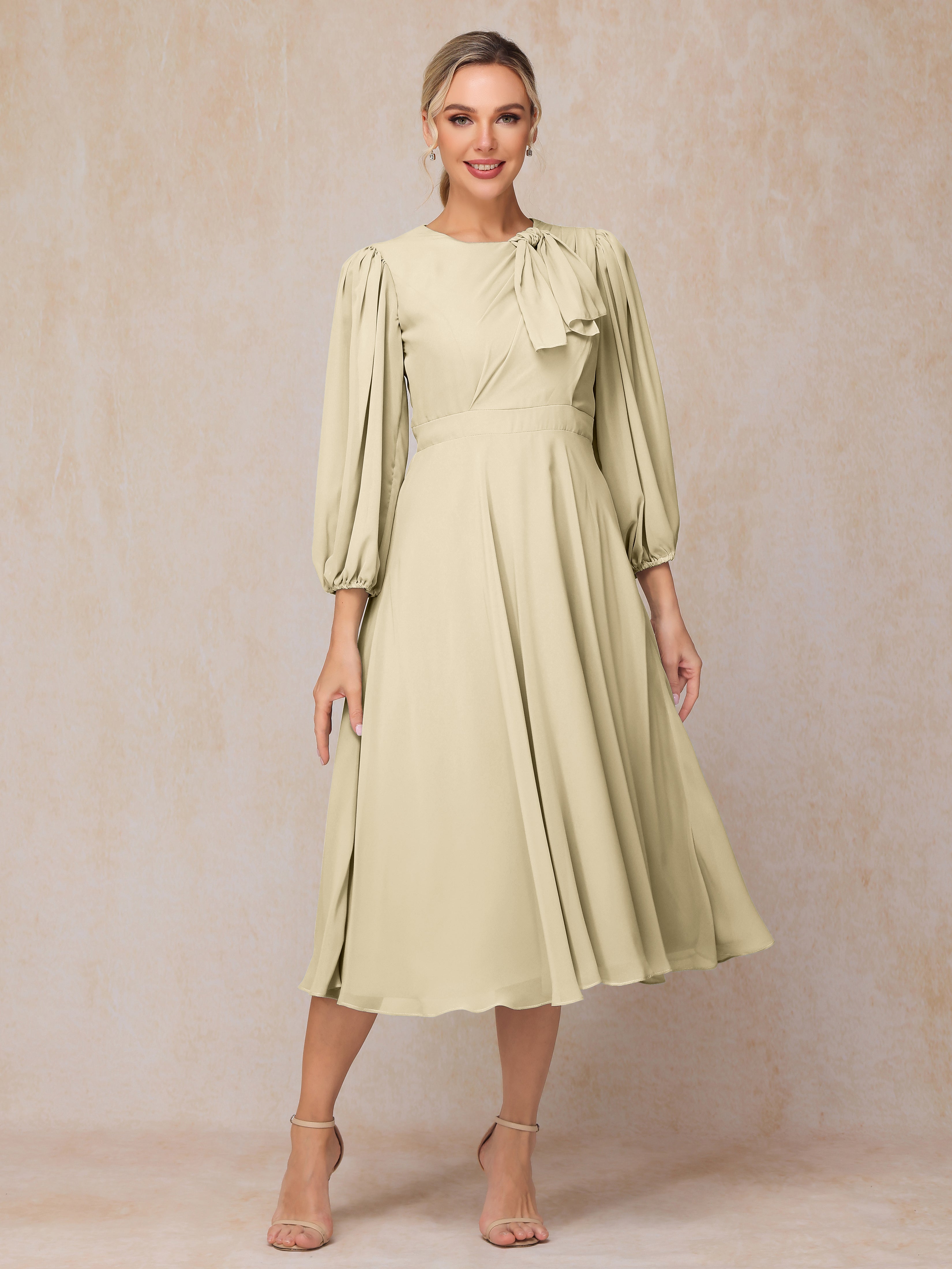 Long Sleeves A Line Tea Length Chiffon Mother of The Bride Dress, Champagne Long Sleeves A Line Tea Length Chiffon Mother of The Bride Dress, Champagne