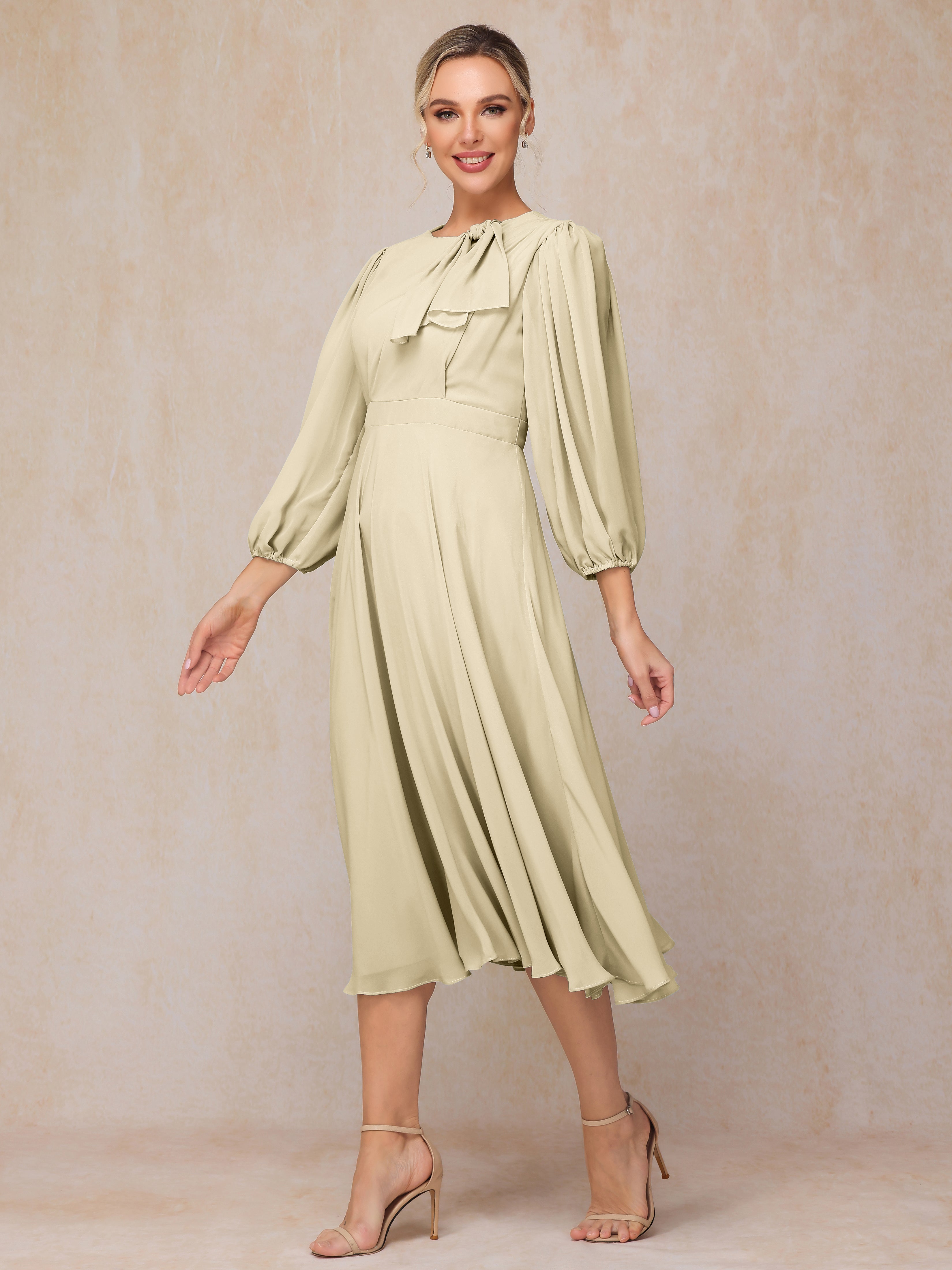 Long Sleeves A Line Tea Length Chiffon Wedding Guest Dresses