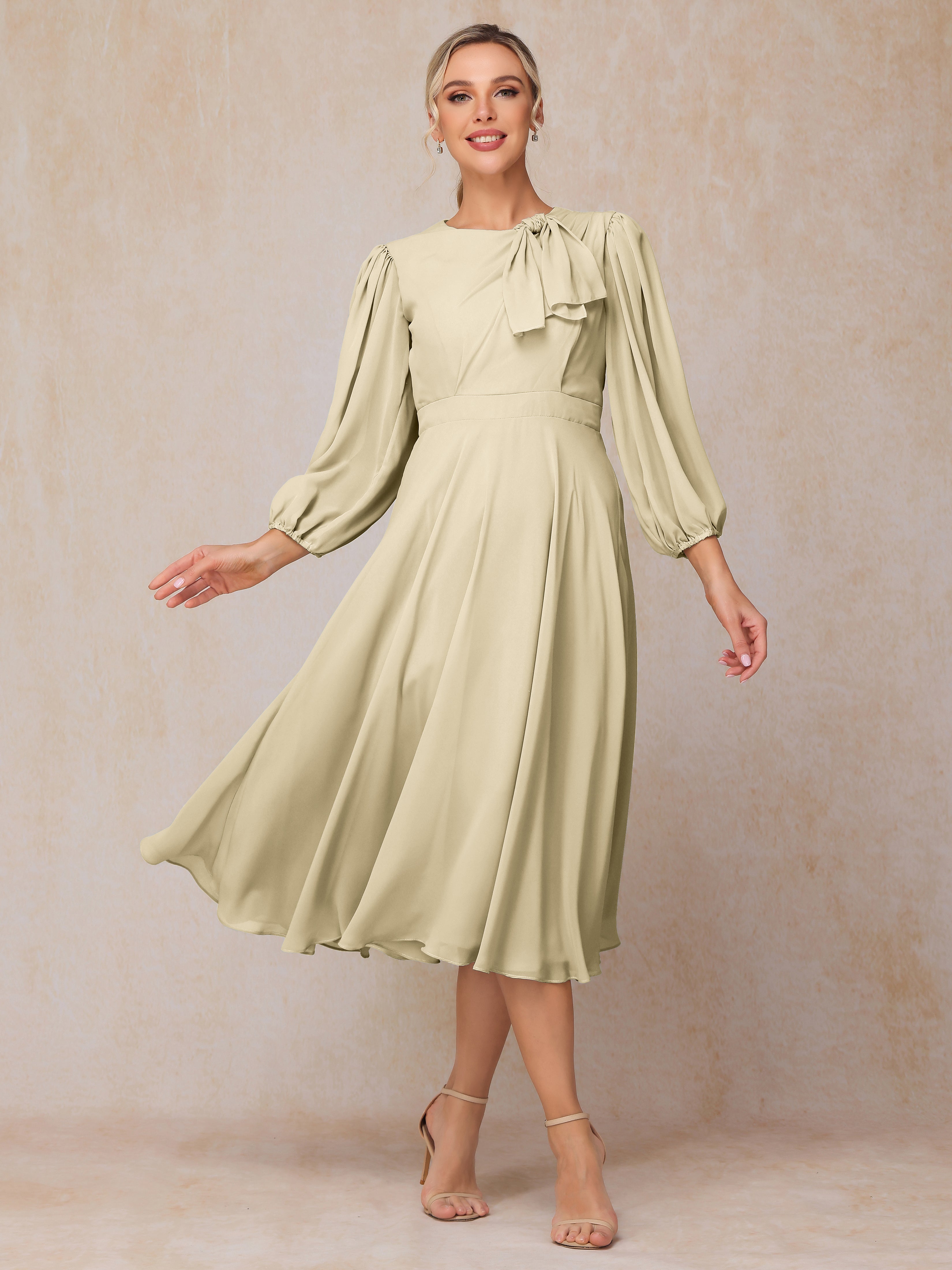 Long Sleeves A Line Tea Length Chiffon Wedding Guest Dresses