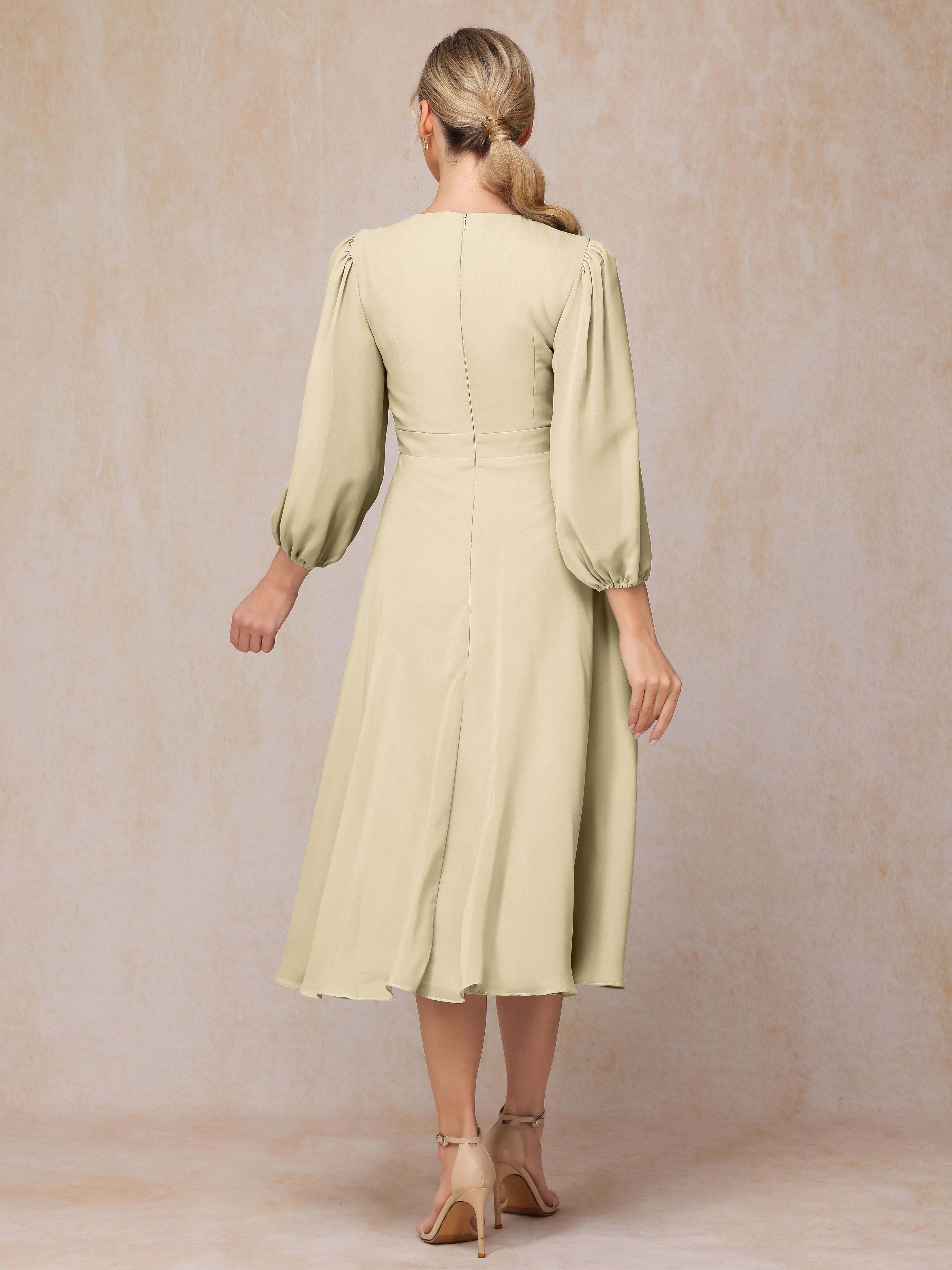 Long Sleeves A Line Tea Length Chiffon Wedding Guest Dresses