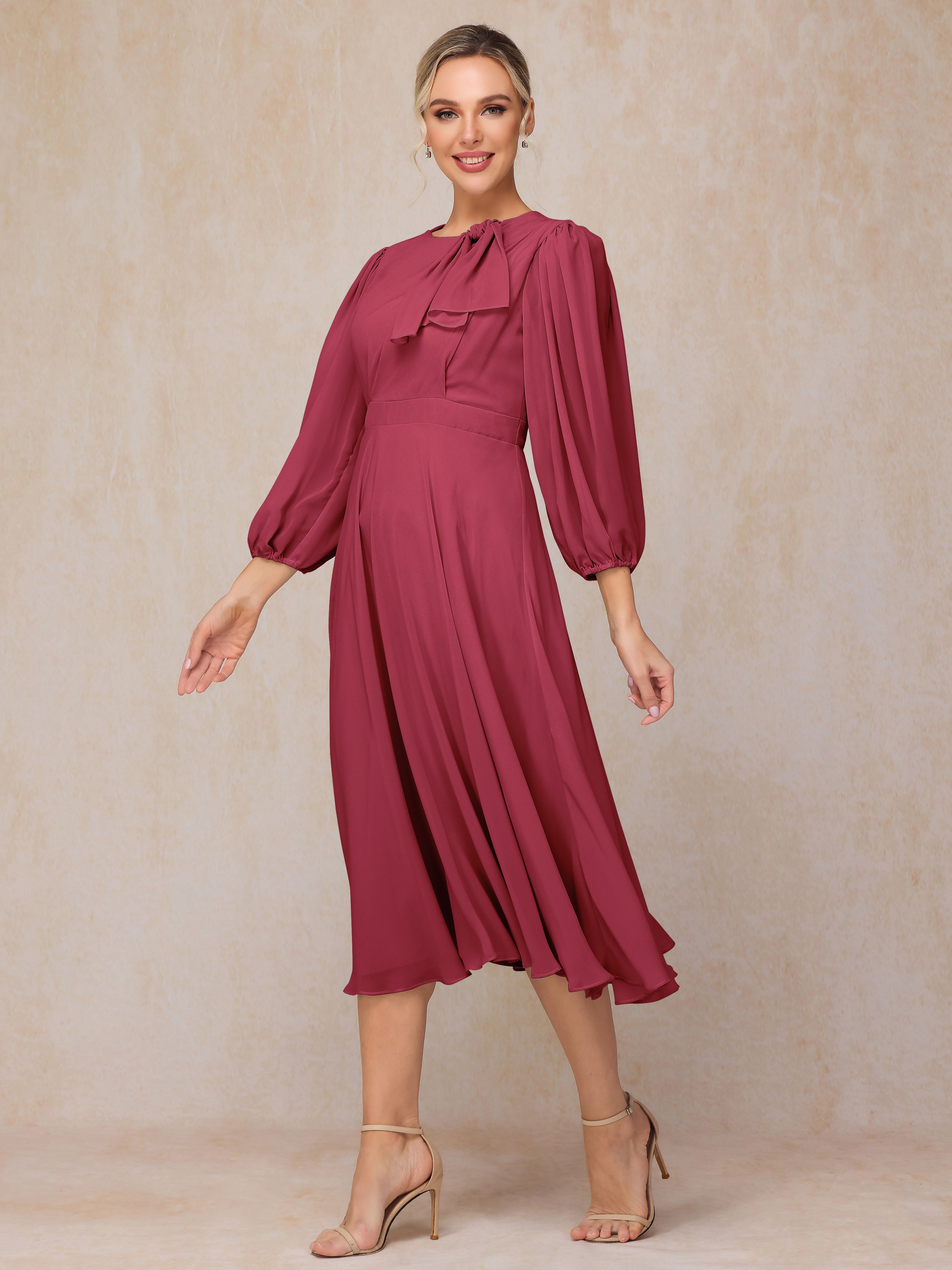 Long Sleeves A Line Tea Length Chiffon Wedding Guest Dresses