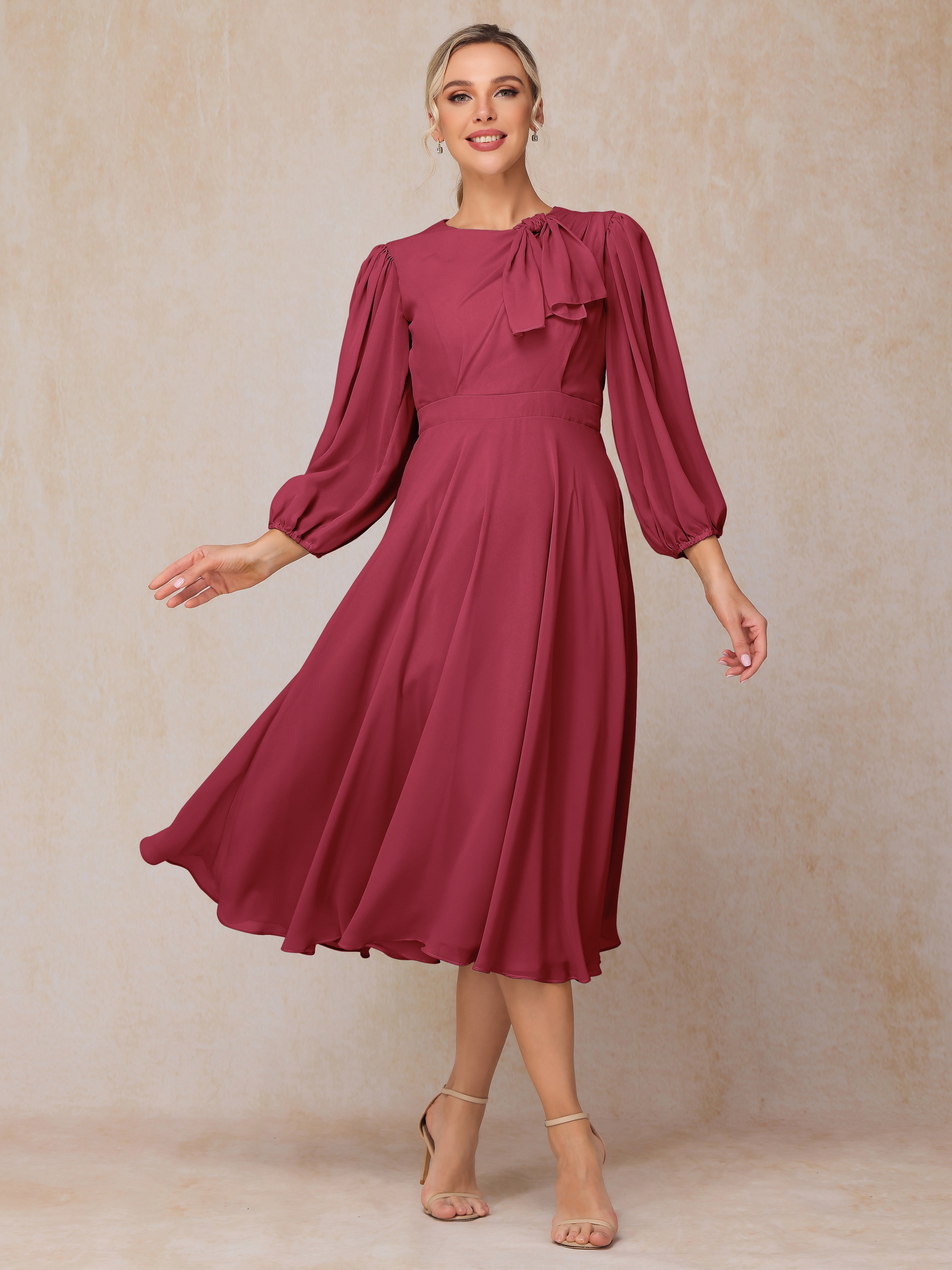 Long Sleeves A Line Tea Length Chiffon Wedding Guest Dresses