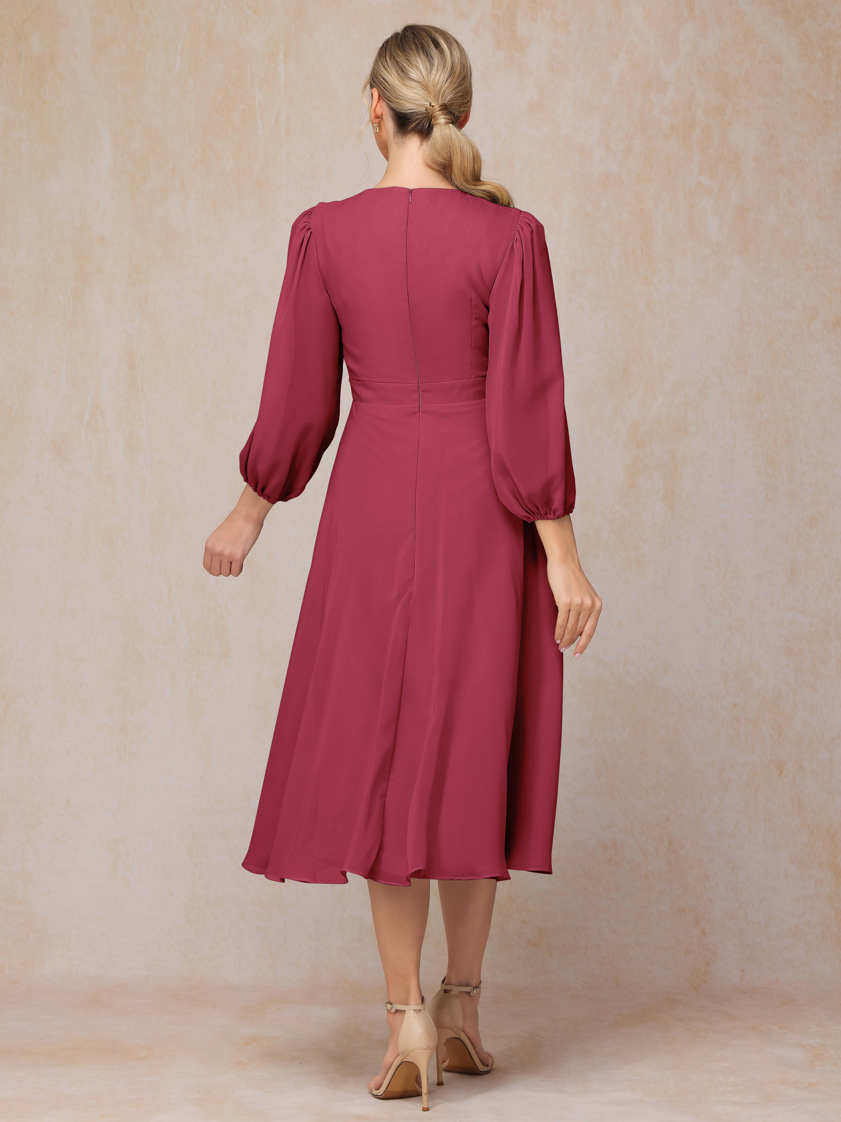 Long Sleeves A Line Tea Length Chiffon Wedding Guest Dresses