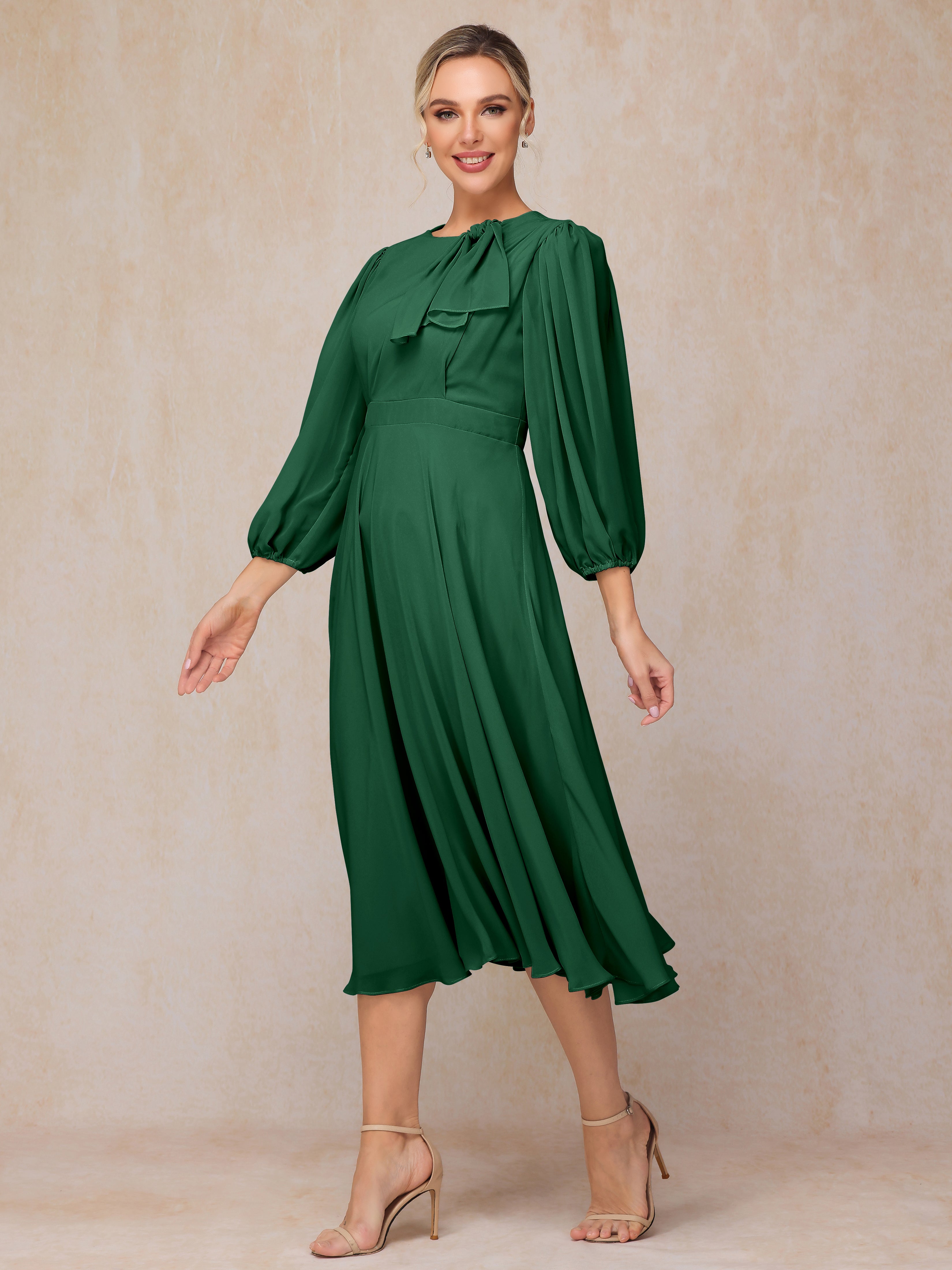 Long Sleeves A Line Tea Length Chiffon Wedding Guest Dresses