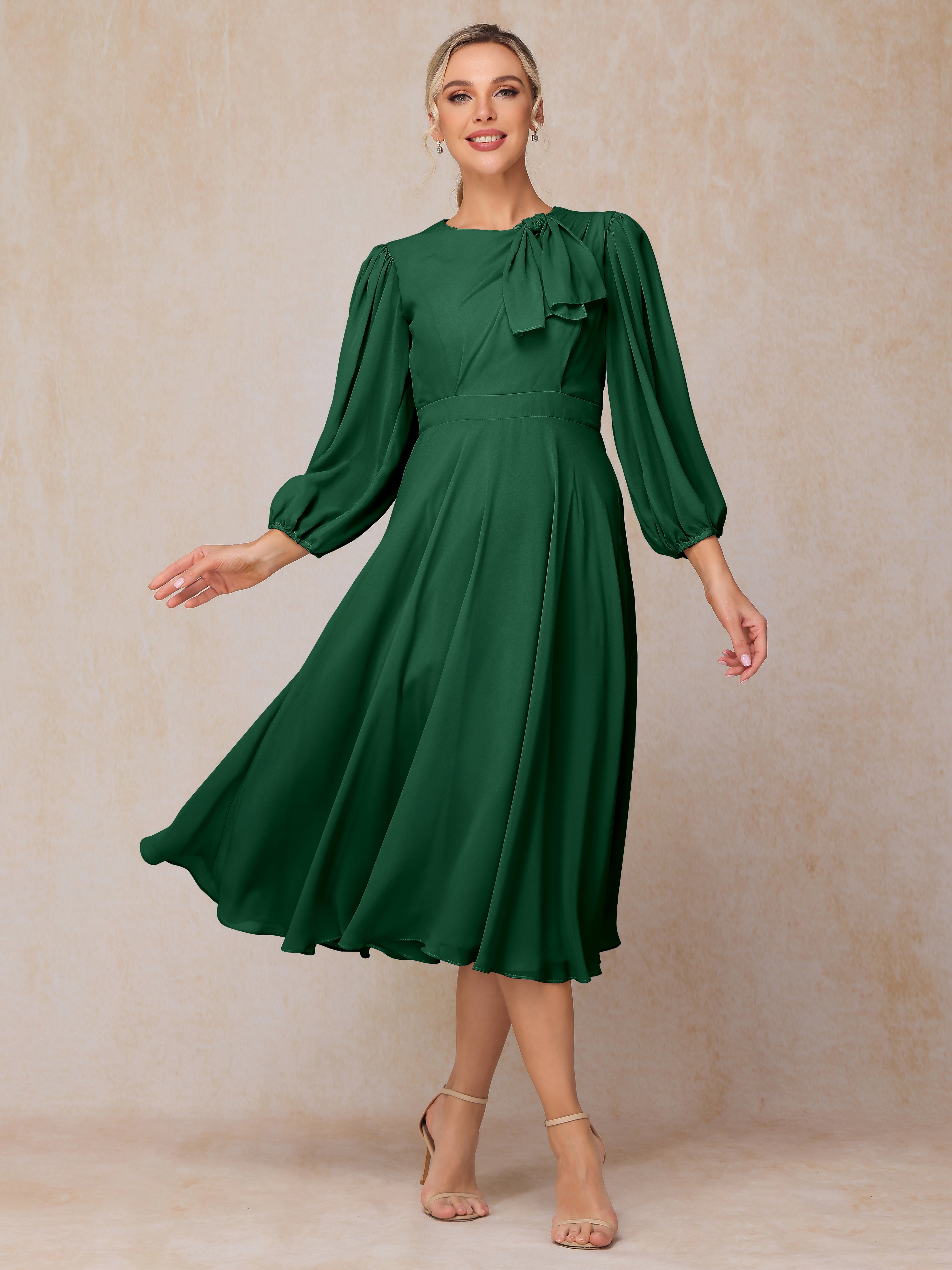 Long Sleeves A Line Tea Length Chiffon Wedding Guest Dresses