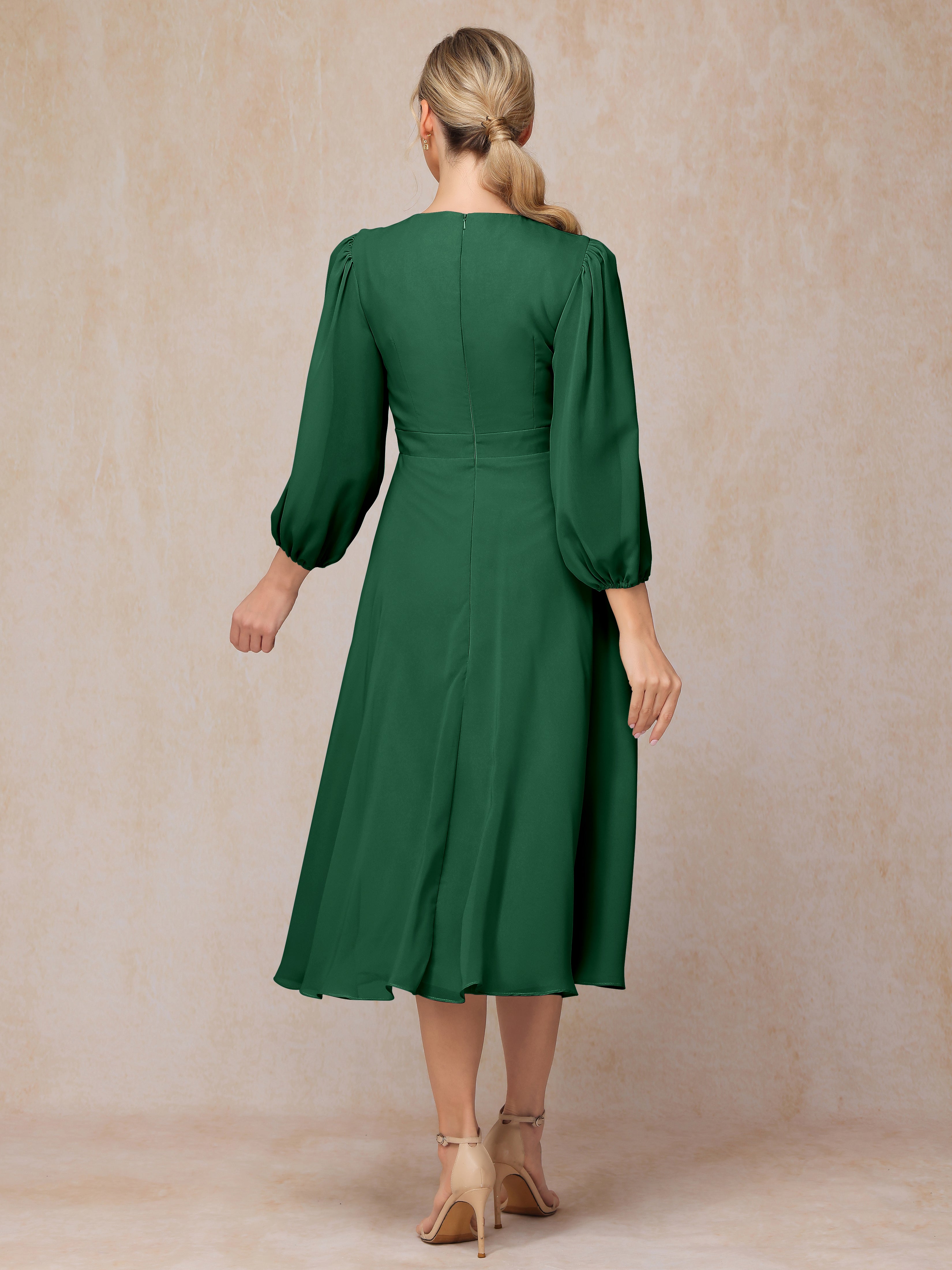 Long Sleeves A Line Tea Length Chiffon Wedding Guest Dresses