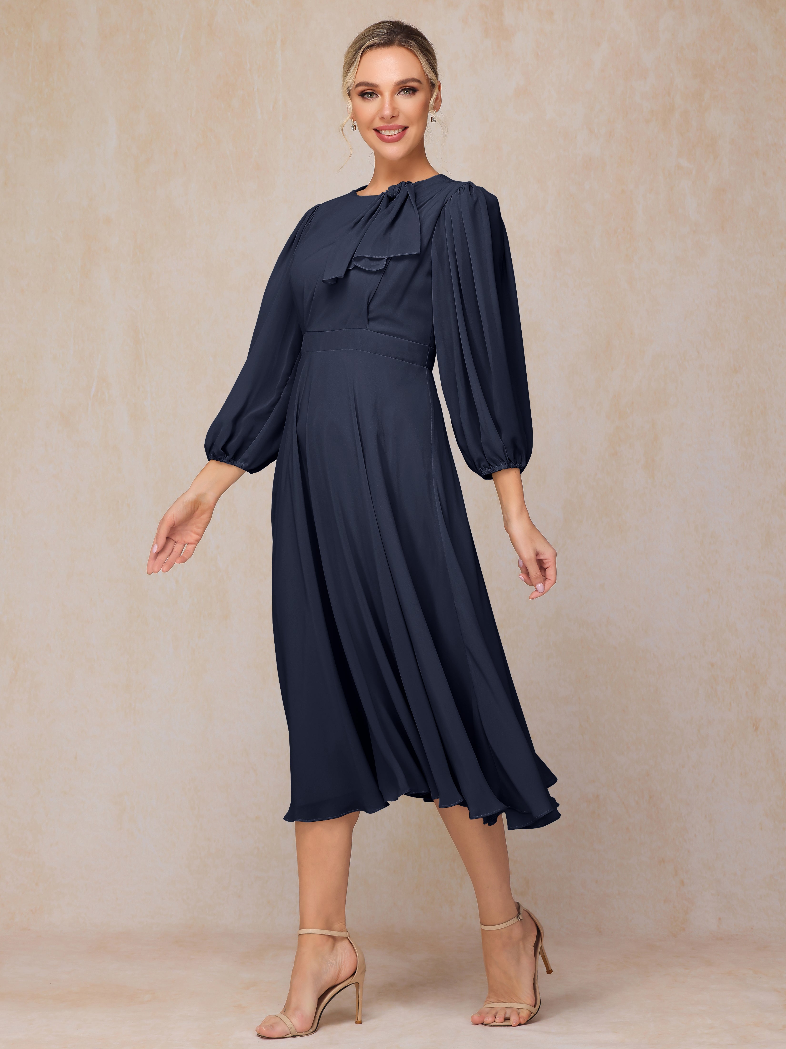 Long Sleeves A Line Tea Length Chiffon Wedding Guest Dresses