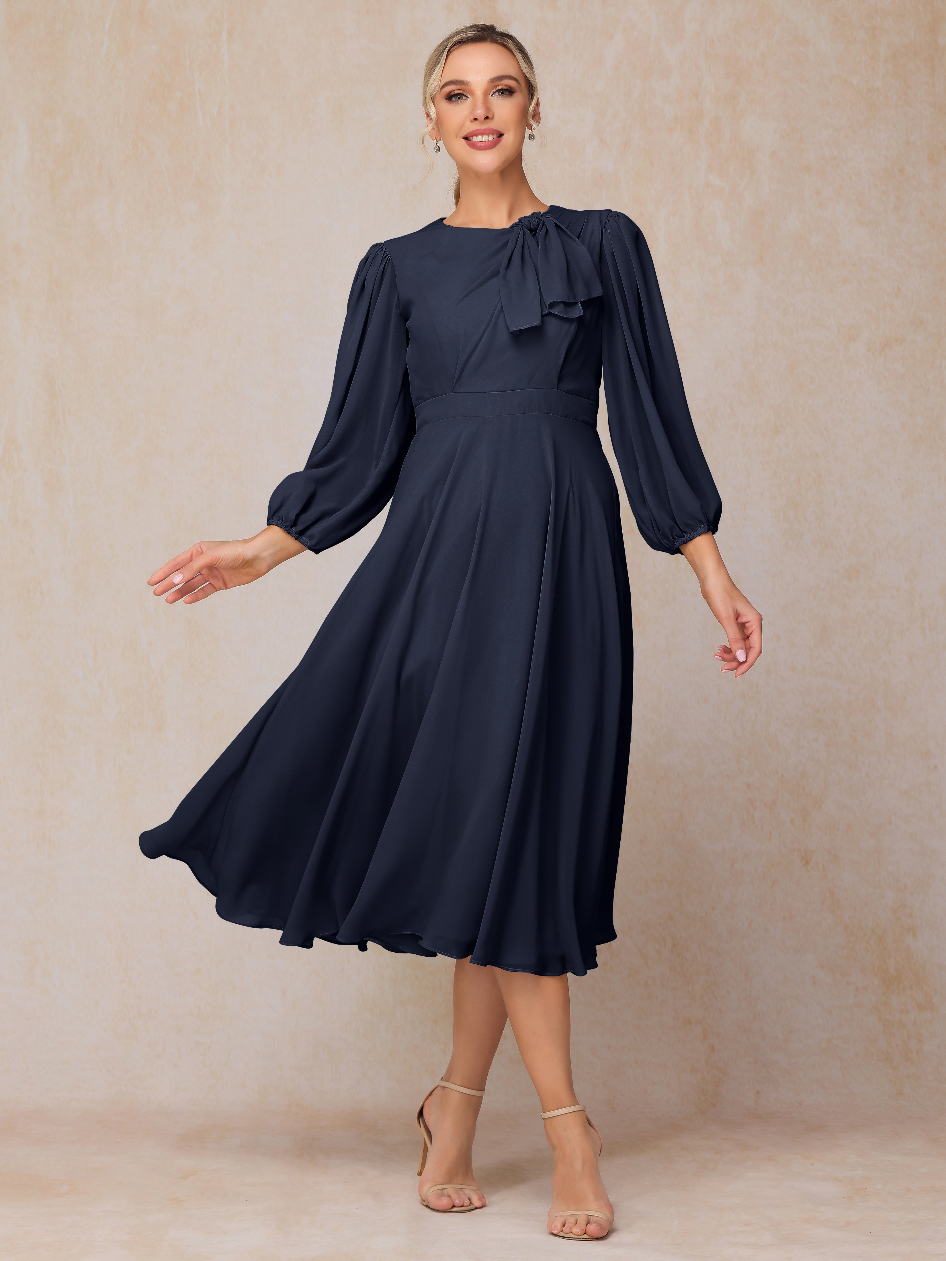 Long Sleeves A Line Tea Length Chiffon Mother Of The Bride Dress