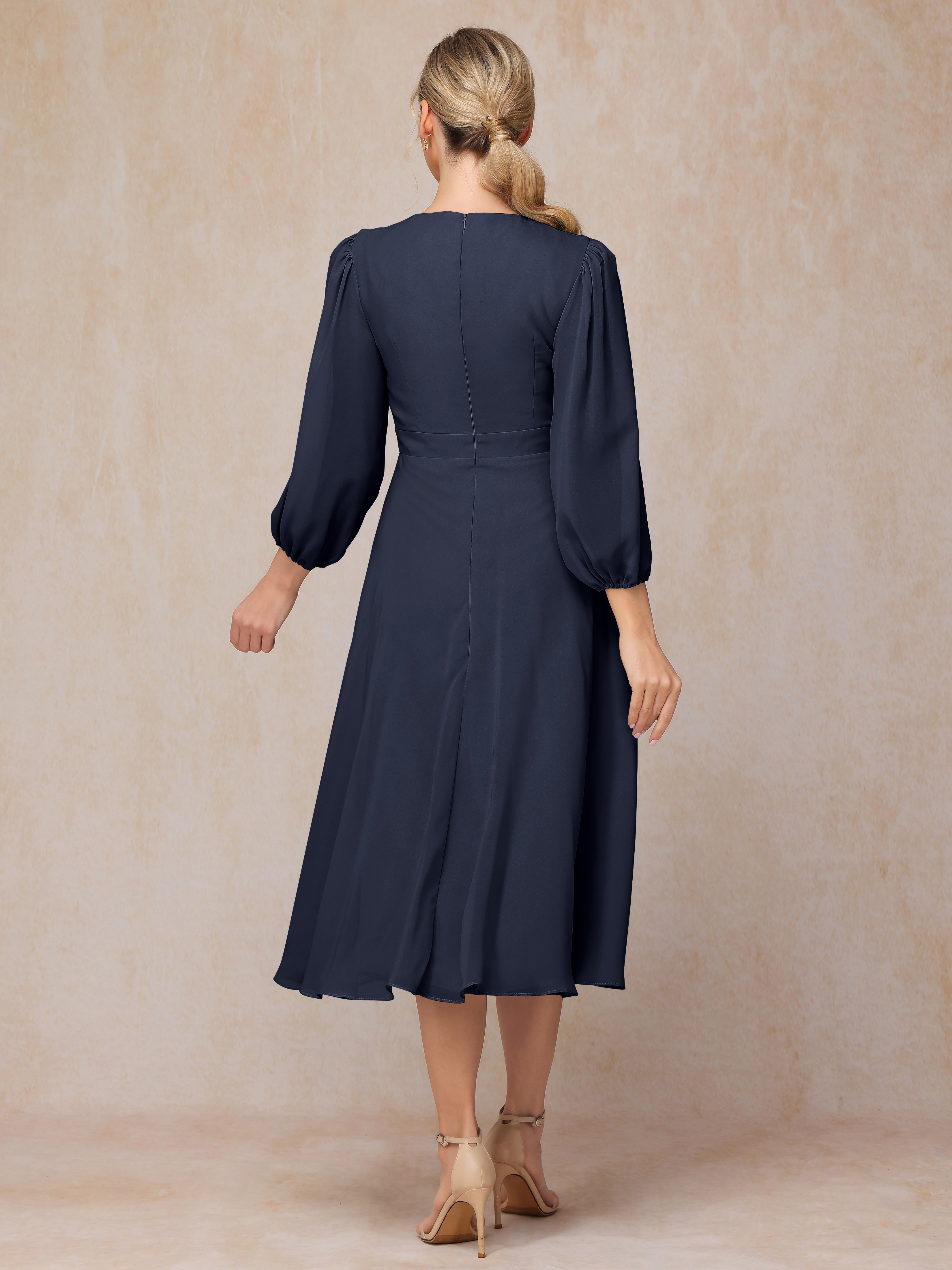 Long Sleeves A Line Tea Length Chiffon Wedding Guest Dresses