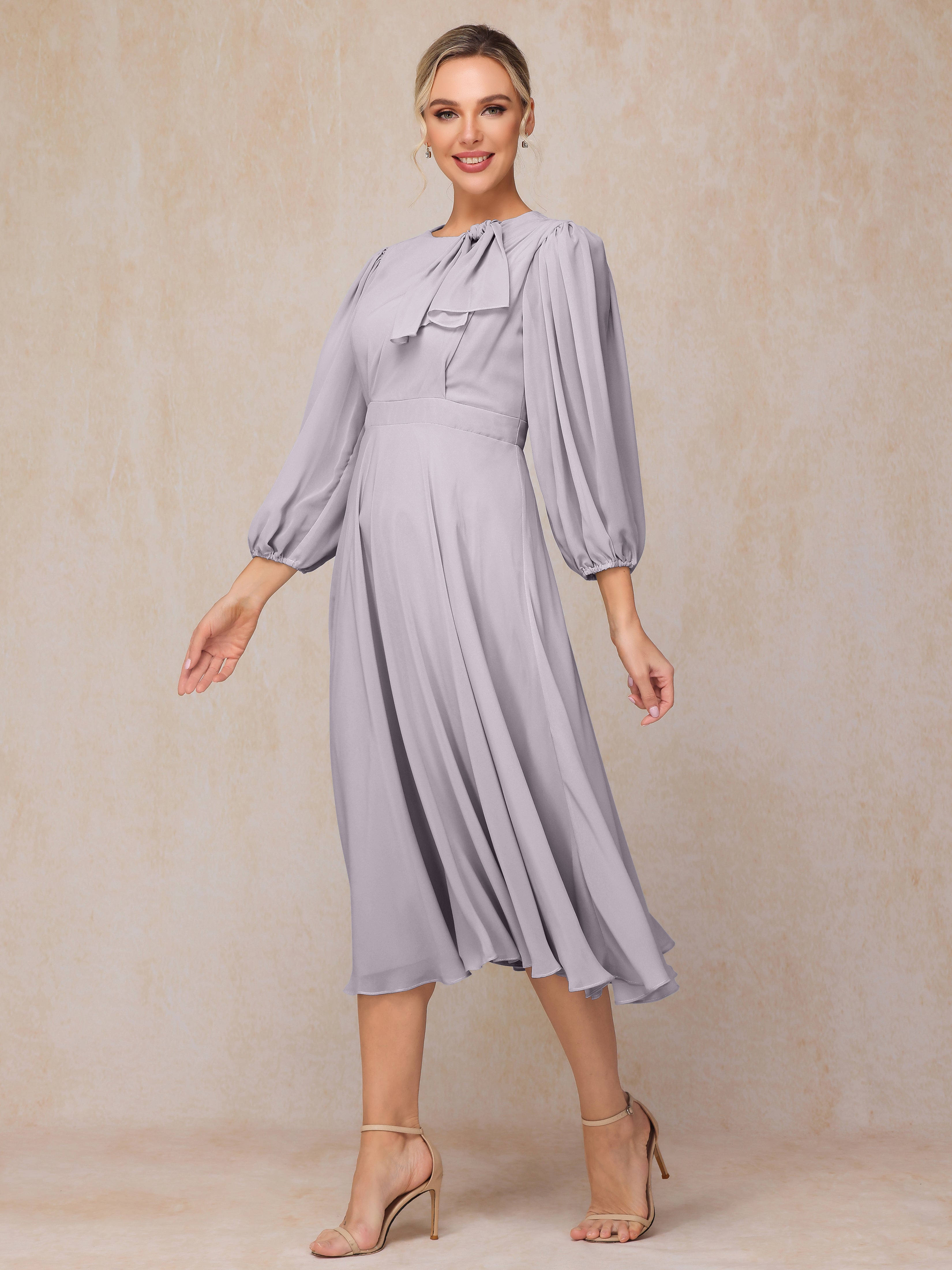 Long Sleeves A Line Tea Length Chiffon Wedding Guest Dresses