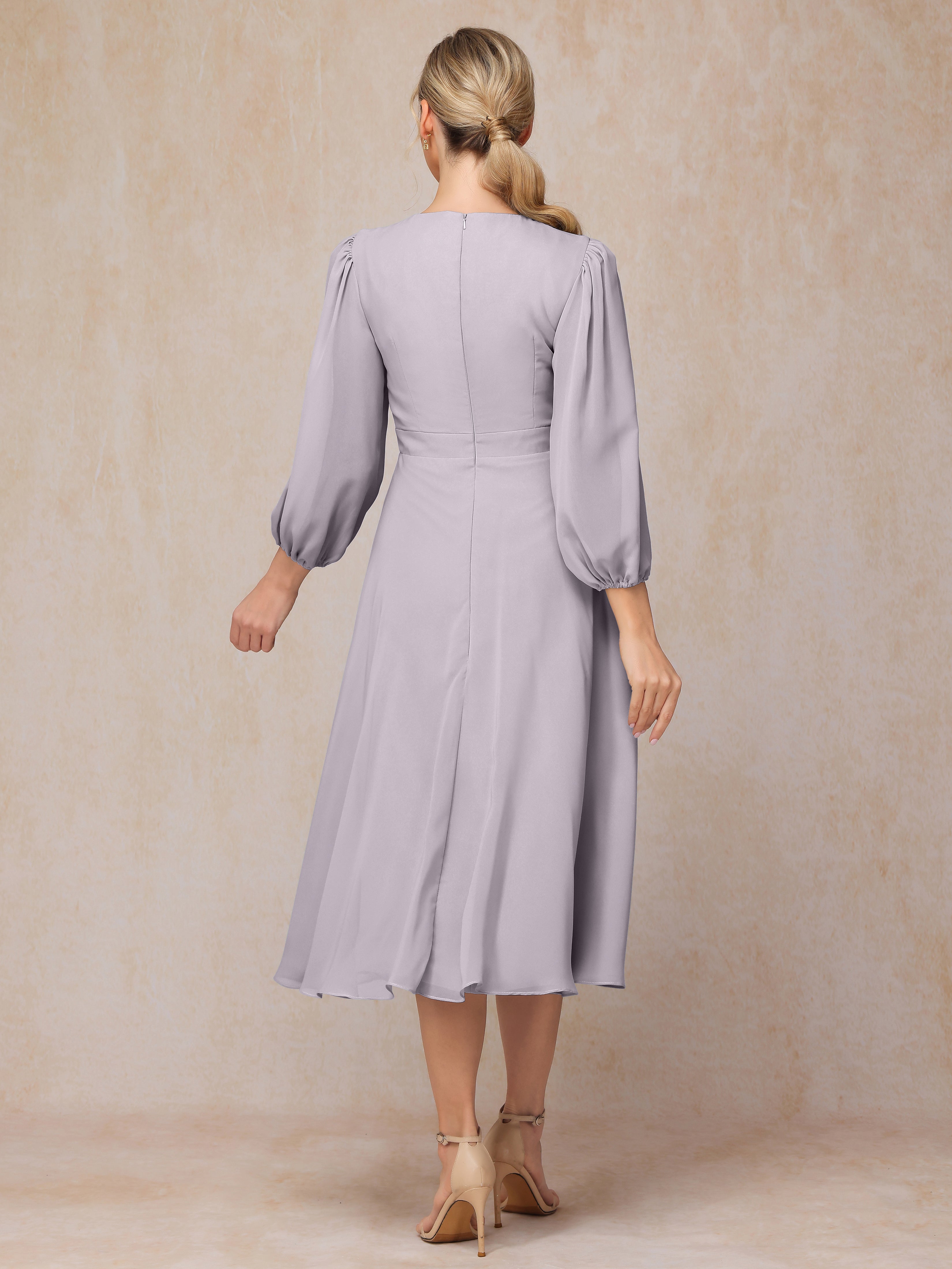 Long Sleeves A Line Tea Length Chiffon Wedding Guest Dresses