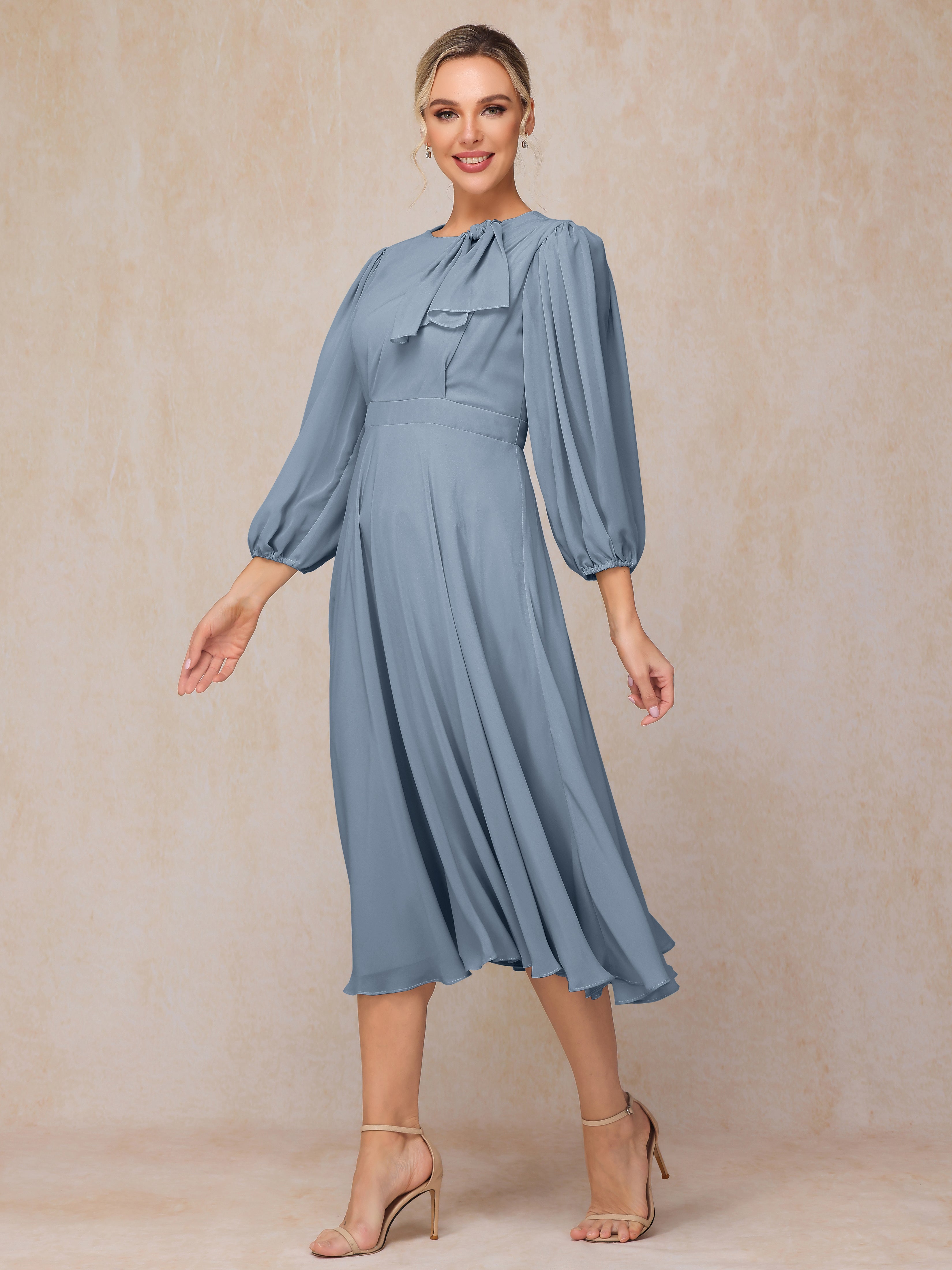 Long Sleeves A Line Tea Length Chiffon Wedding Guest Dresses