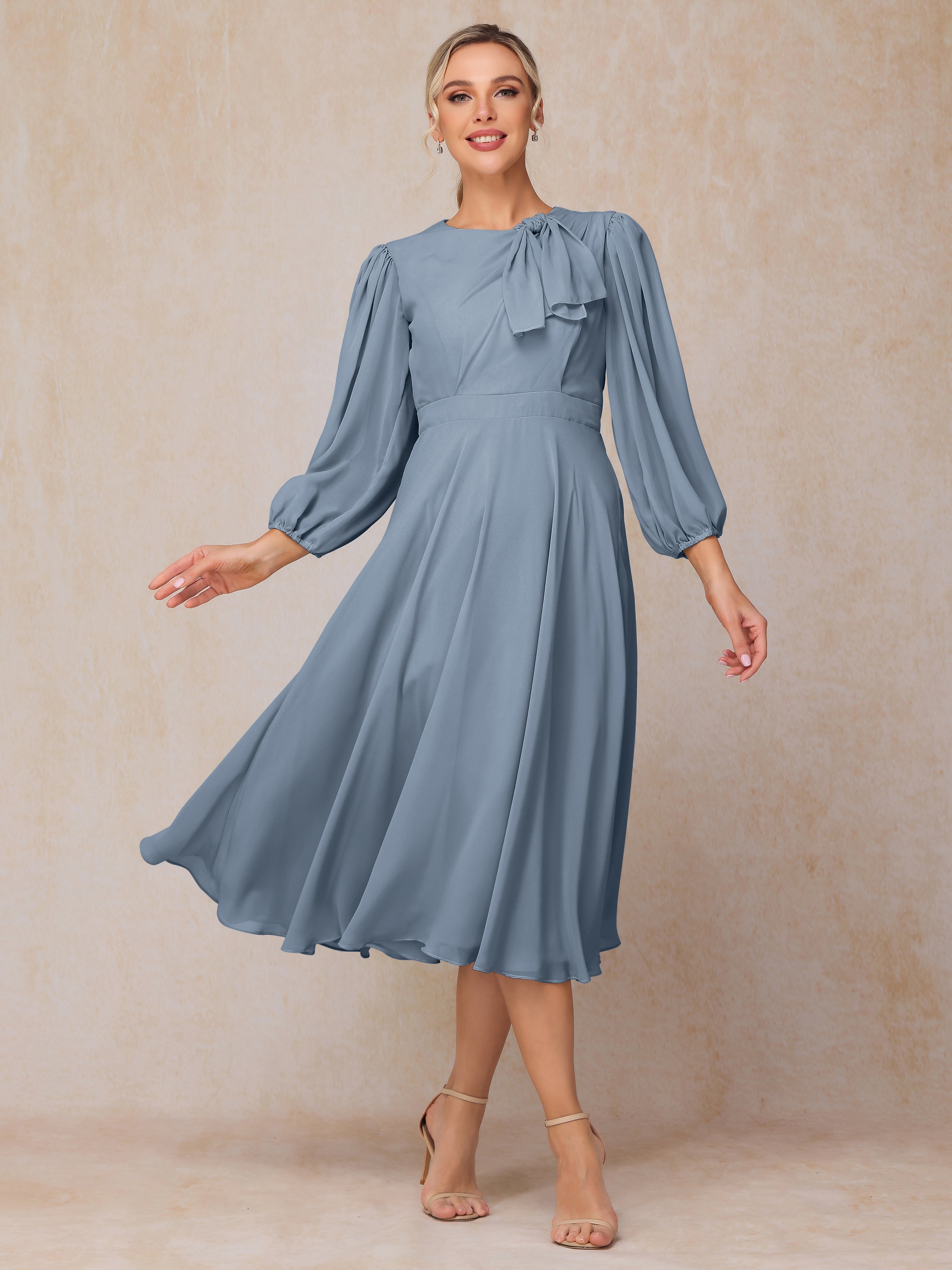 Long Sleeves A Line Tea Length Chiffon Wedding Guest Dresses