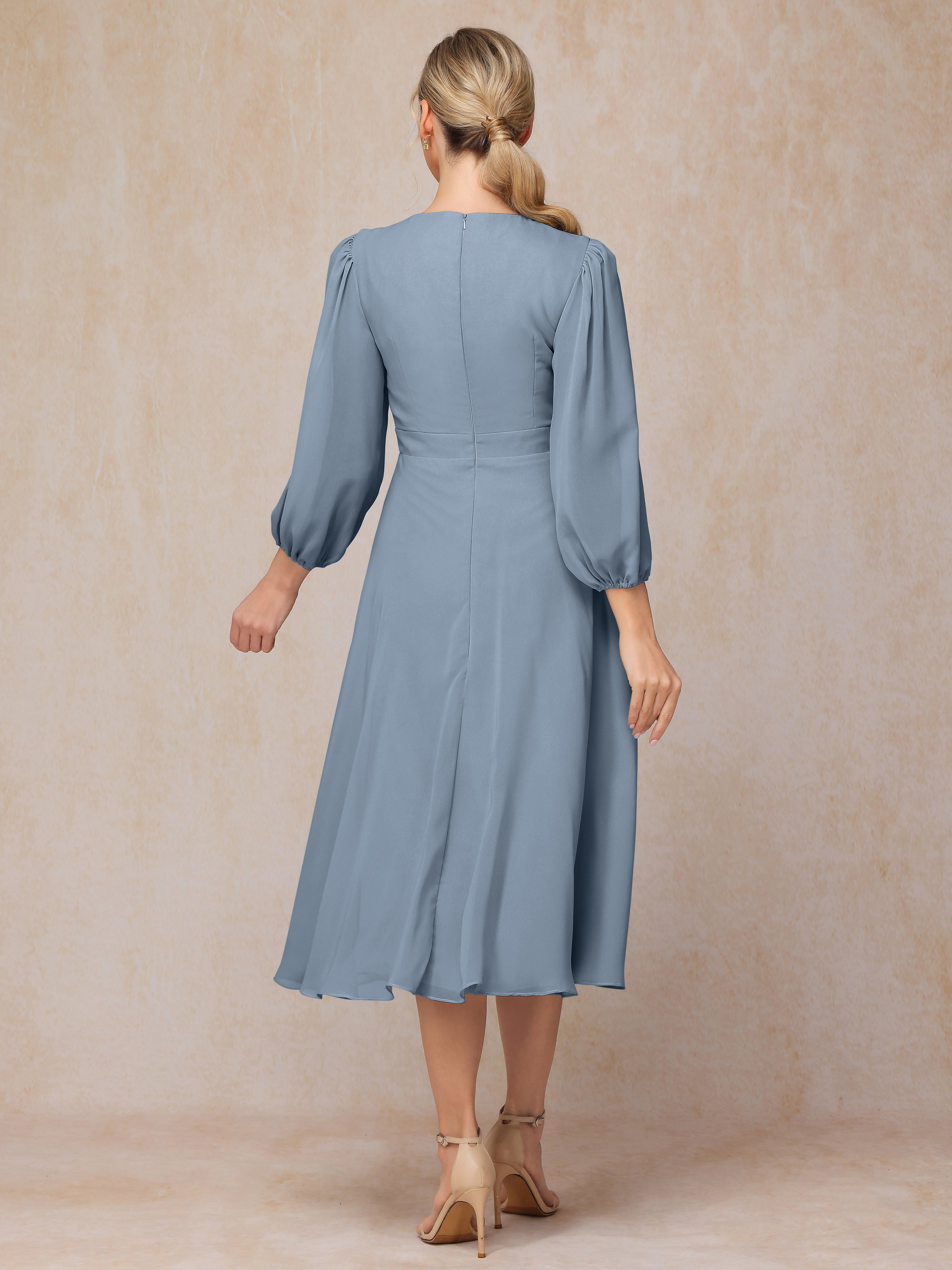 Long Sleeves A Line Tea Length Chiffon Wedding Guest Dresses
