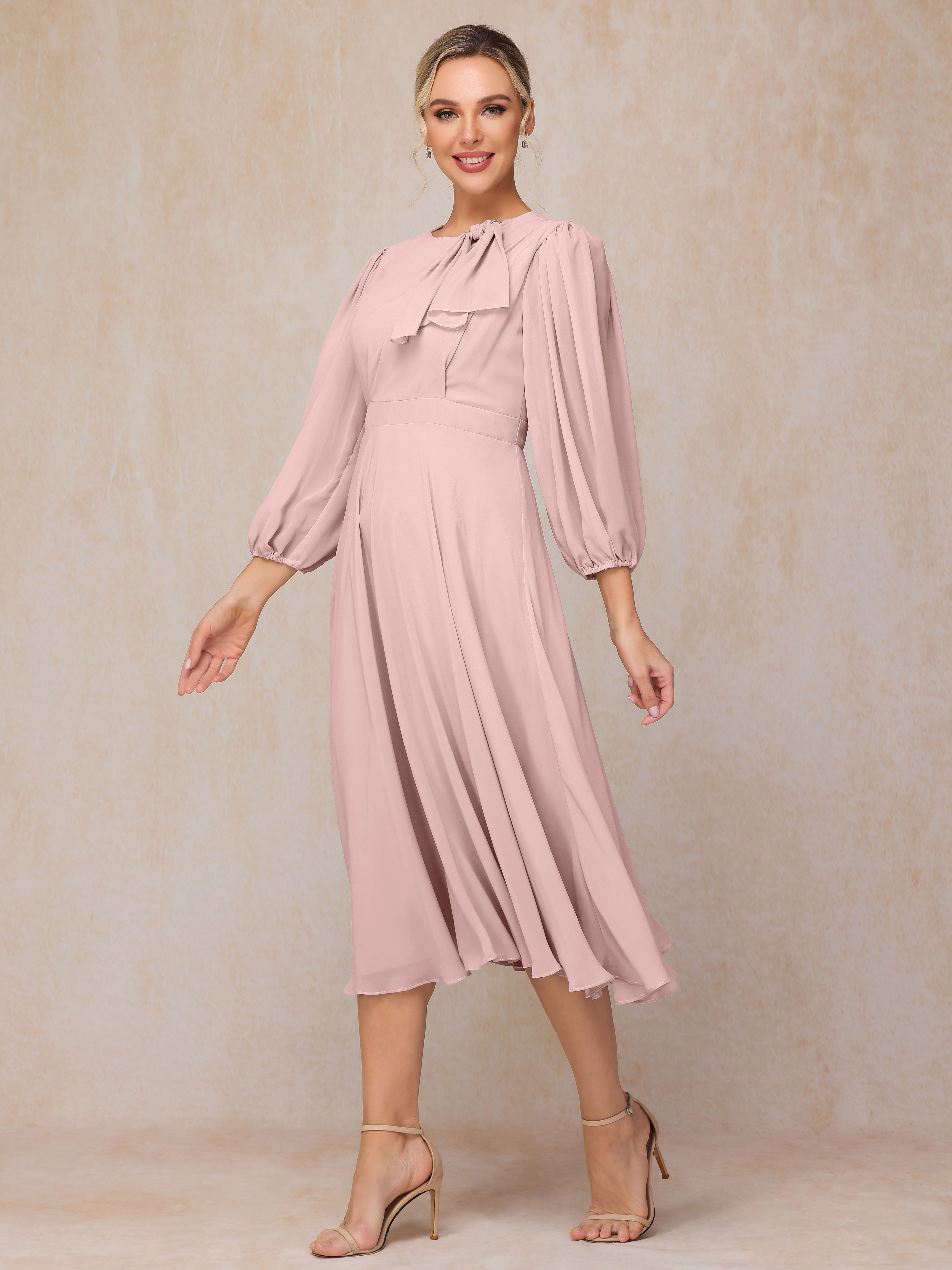 Long Sleeves A Line Tea Length Chiffon Wedding Guest Dresses