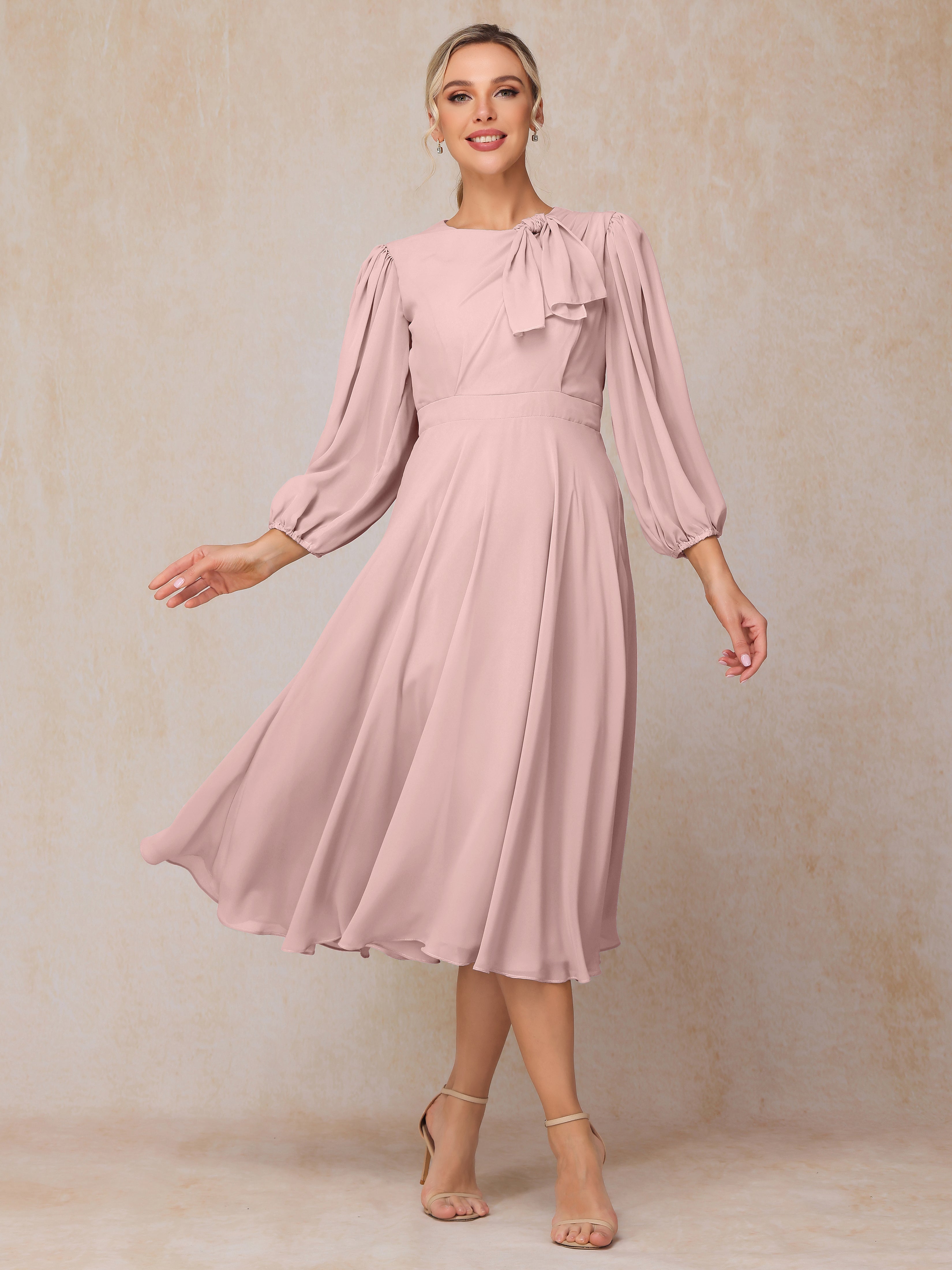 Long Sleeves A Line Tea Length Chiffon Wedding Guest Dresses