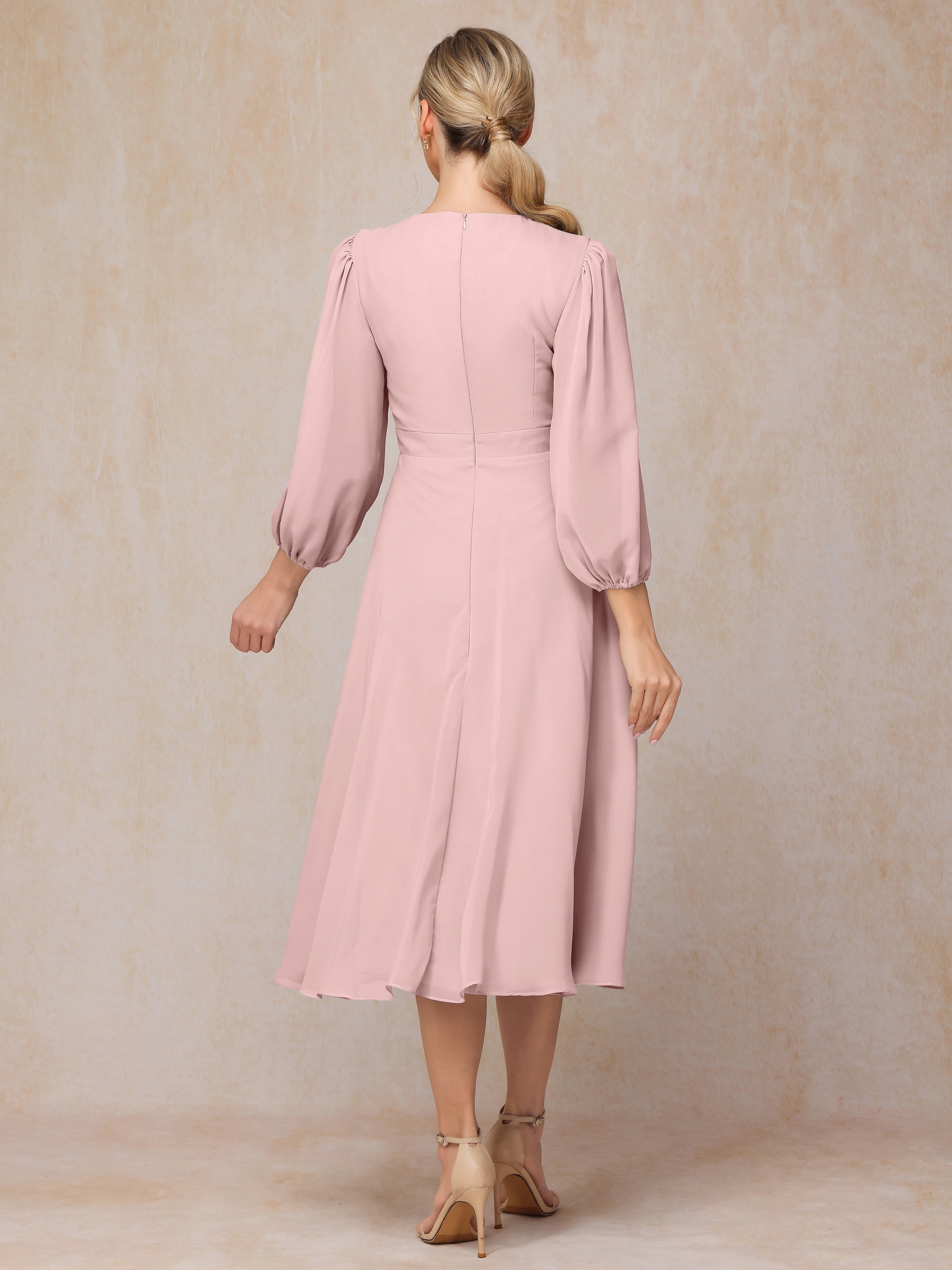 Long Sleeves A Line Tea Length Chiffon Wedding Guest Dresses