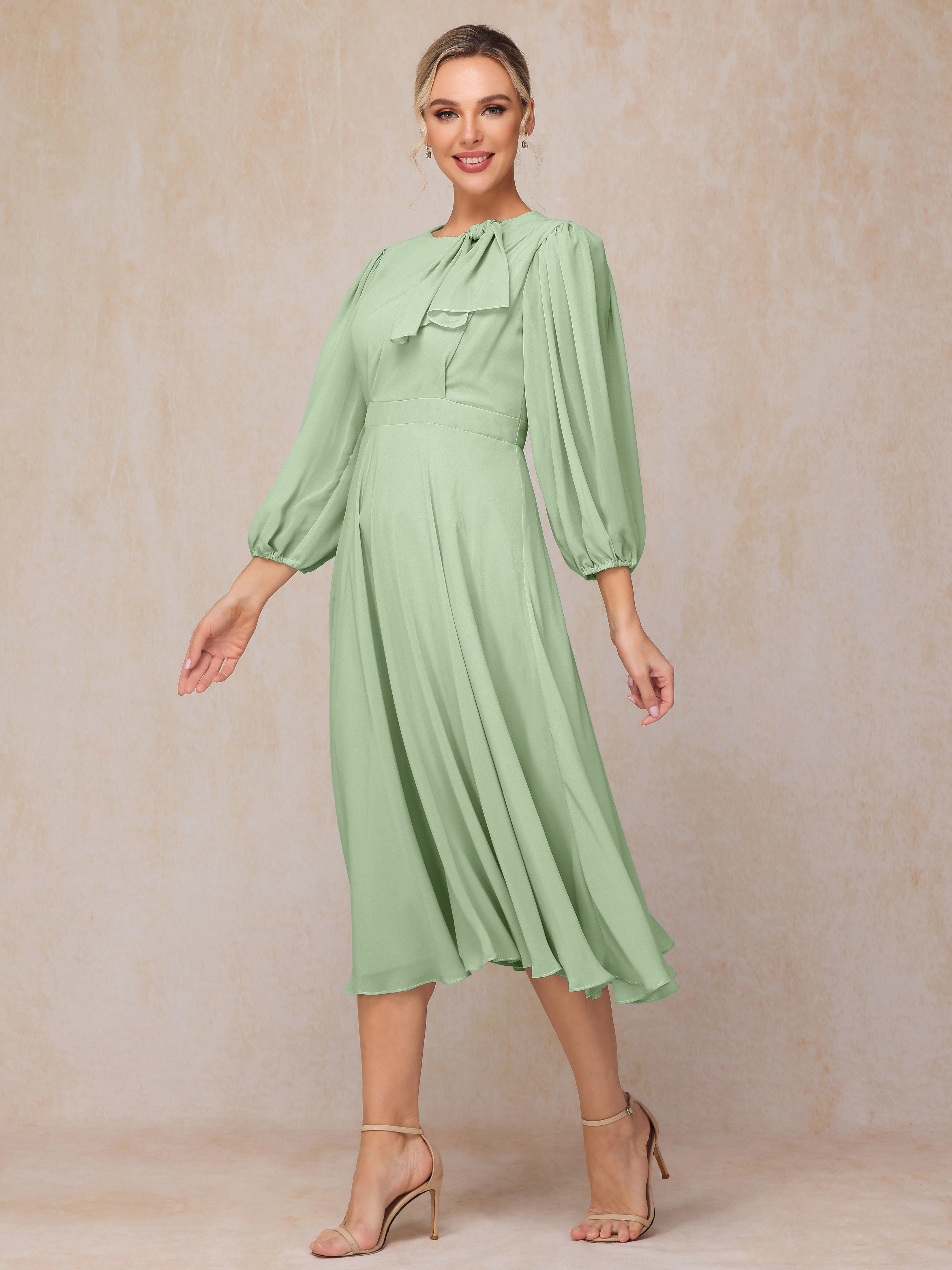 Long Sleeves A Line Tea Length Chiffon Wedding Guest Dresses