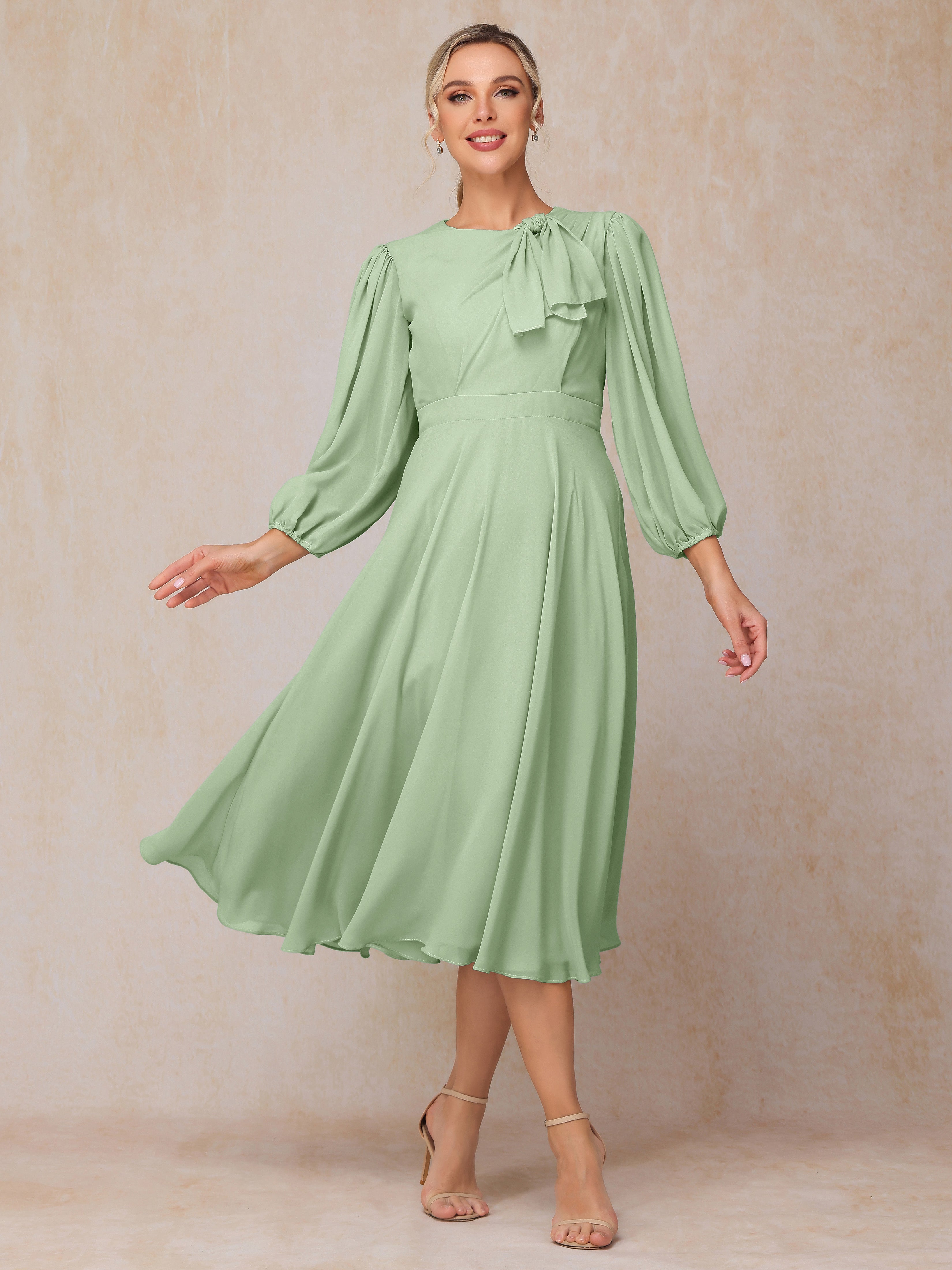 Long Sleeves A Line Tea Length Chiffon Wedding Guest Dresses