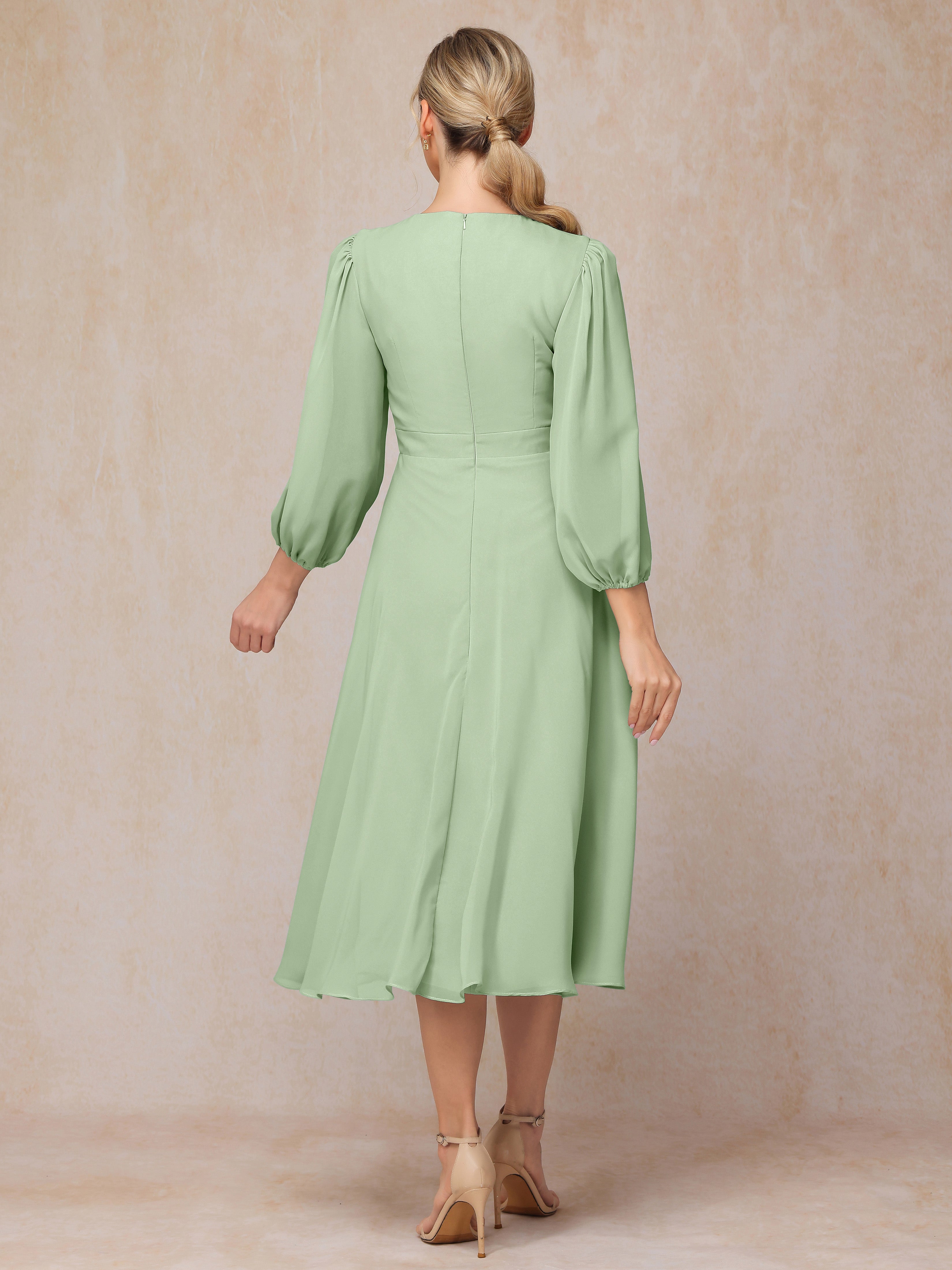 Long Sleeves A Line Tea Length Chiffon Wedding Guest Dresses
